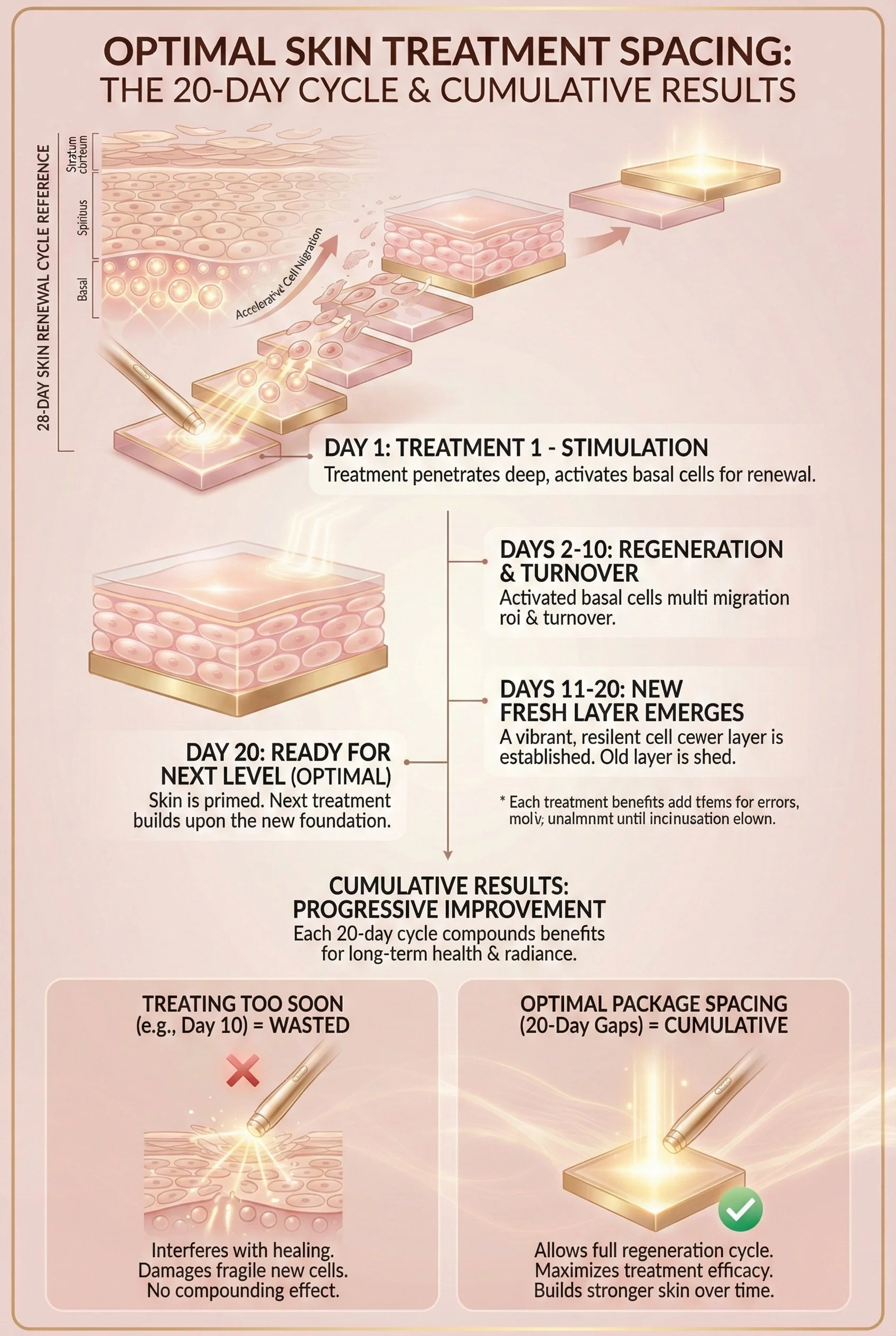 Diagram illustrating optimal skin treatment spacing and the 20-day cycle for skin regeneration, showing stages from deep stimulation to new skin layer emergence and cumulative benefits.