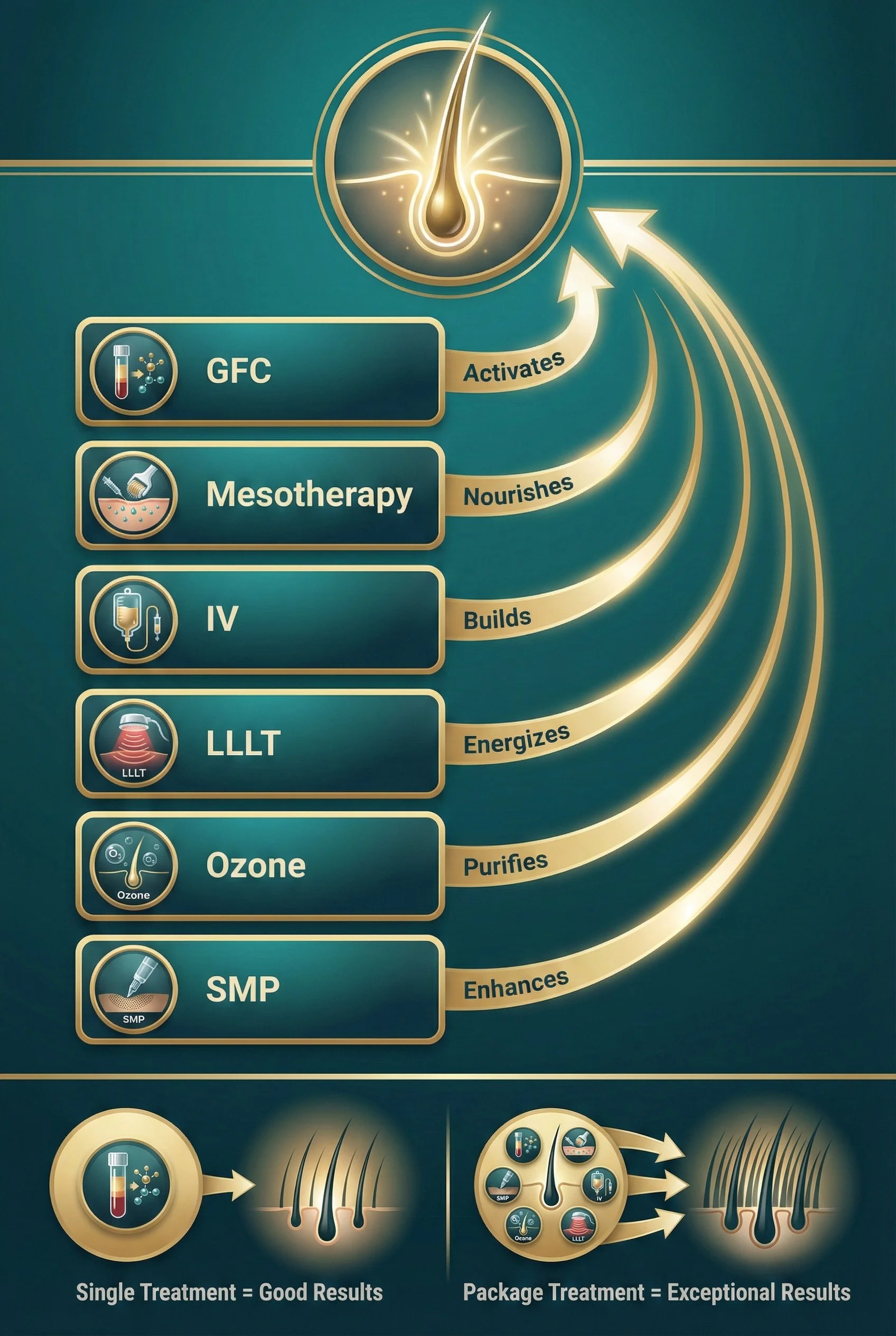 Diagram showing the effects of different hair treatments. Single treatment with GFC, Mesotherapy, IV, LLLT, Ozone, and SMP builds, nourishes, energizes, purifies, and enhances hair, respectively. Package treatments combine these effects for exceptional results.