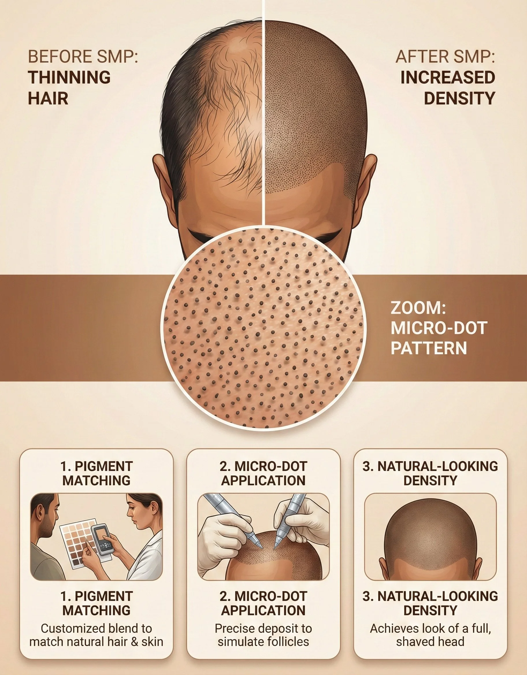An infographic illustrating the difference between thinning hair and increased density after microblading, with a close-up of a micro-dot pattern on a person's scalp, and steps for pigment matching, micro-dot application, and achieving a natural-looking density.