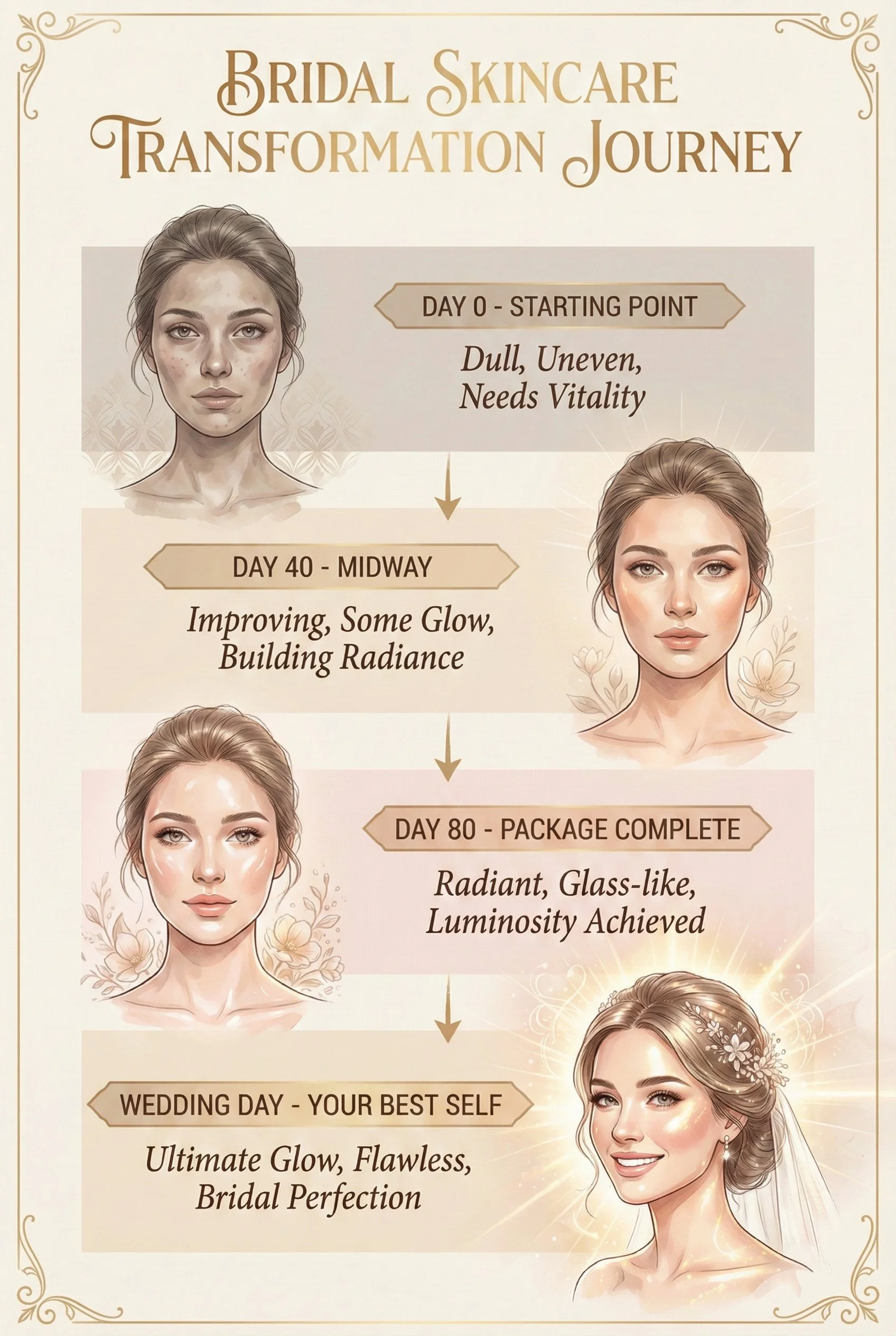 A poster illustrating the stages of a bridal skincare transformation journey from dull, uneven skin at day 0 to radiant, glowing skin on wedding day, with age-progressed images showing improvement over 80 days.