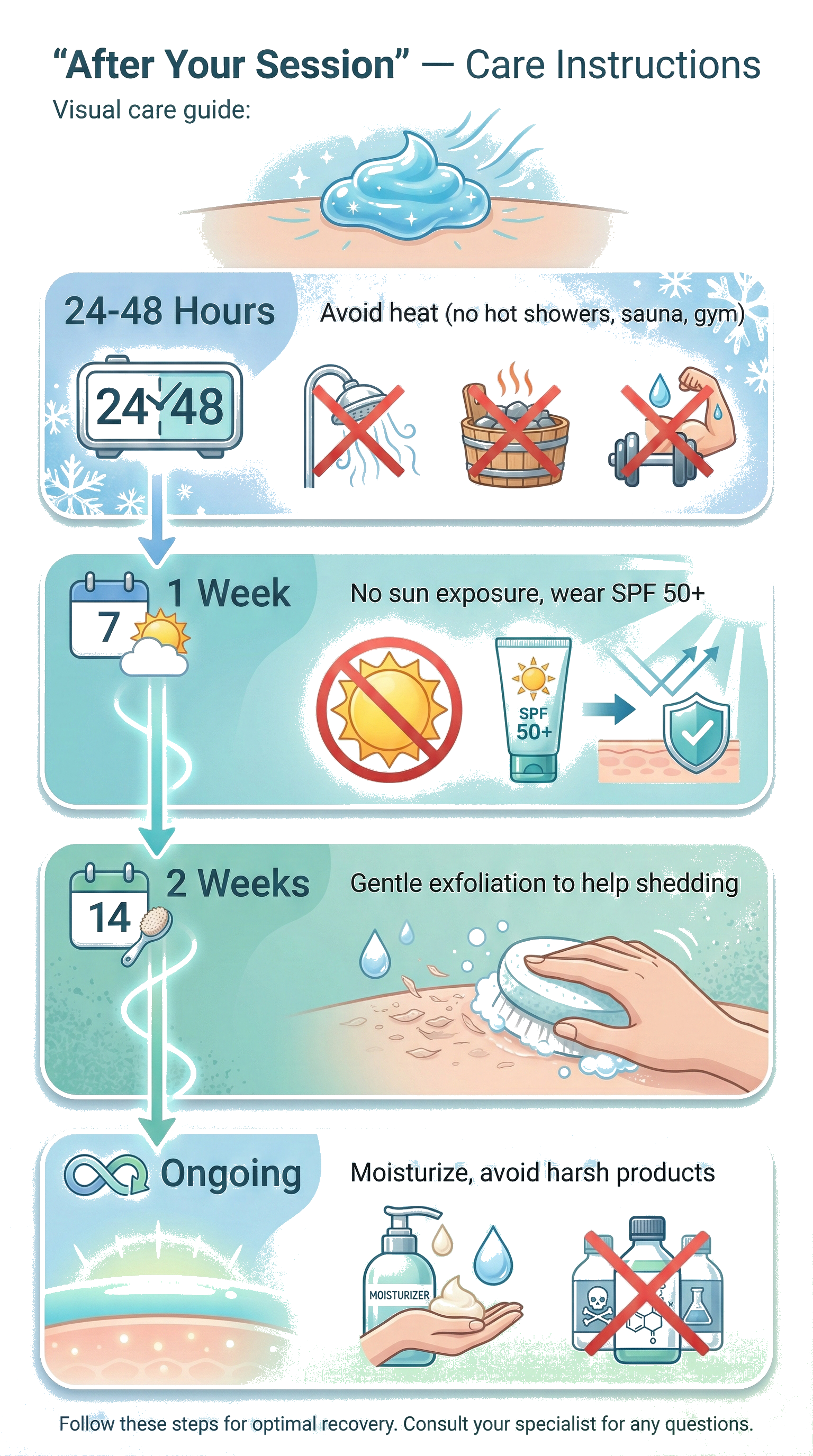 Post-treatment skincare instructions including avoiding heat, hot showers, sauna, and gym for 24-48 hours; using SPF 50+ sun protection for a week; gentle exfoliation after two weeks; ongoing moisturizing and avoiding harsh products.