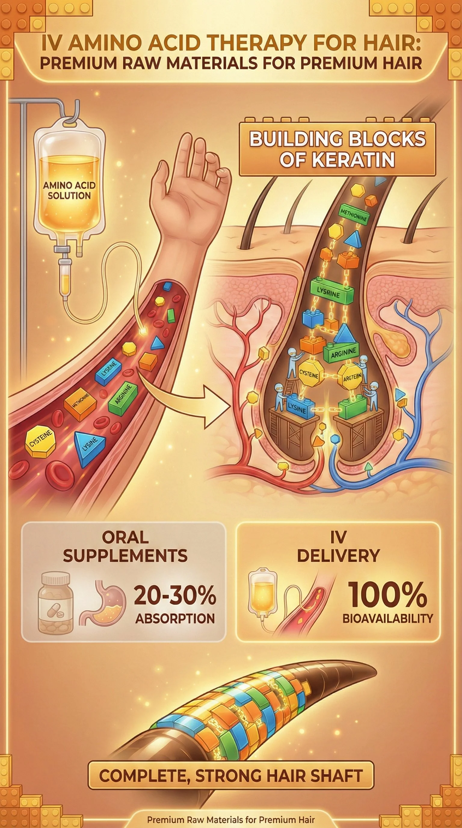 Diagram showing IV amino acid therapy for hair with premium raw materials. It depicts amino acid solution connected to a needle, injecting into a hair follicle, building keratin blocks. The illustration highlights amino acids lysine, arginine, cysteine, methionine, and others. It explains that oral supplements have 20-30% absorption and IV delivery has 100% bioavailability, resulting in a complete, strong hair shaft.