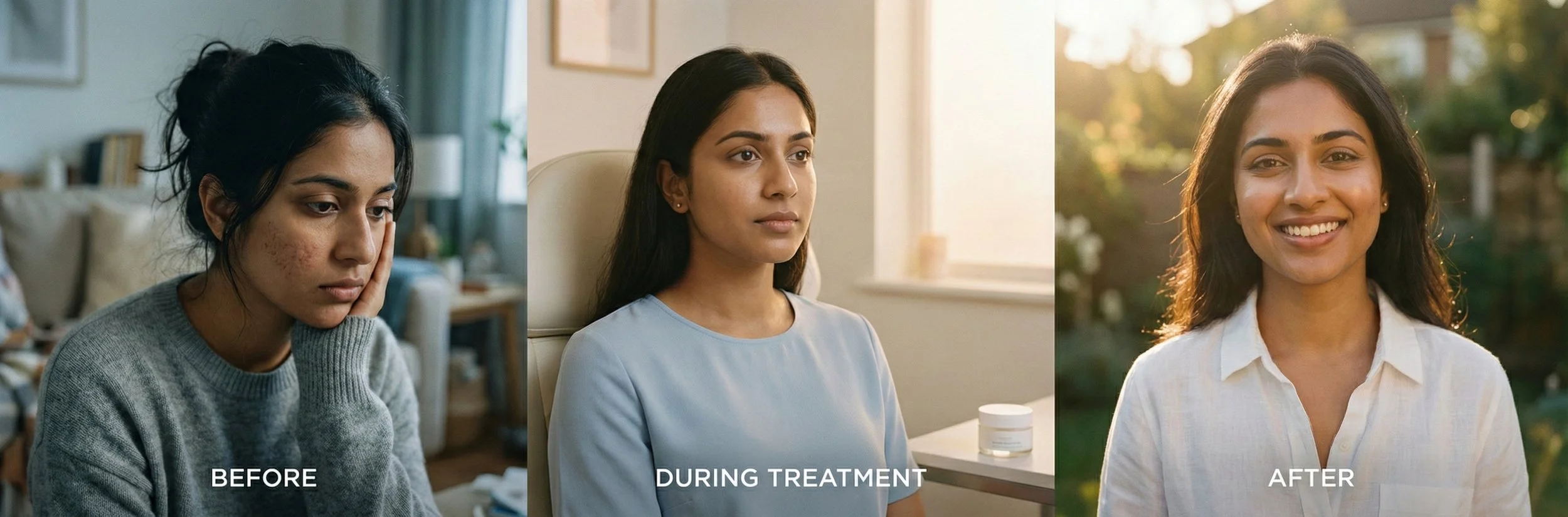 A woman with acne-prone skin in three stages: before skincare treatment looking stressed, during treatment looking neutral, and after treatment with clear skin and smiling outdoors.