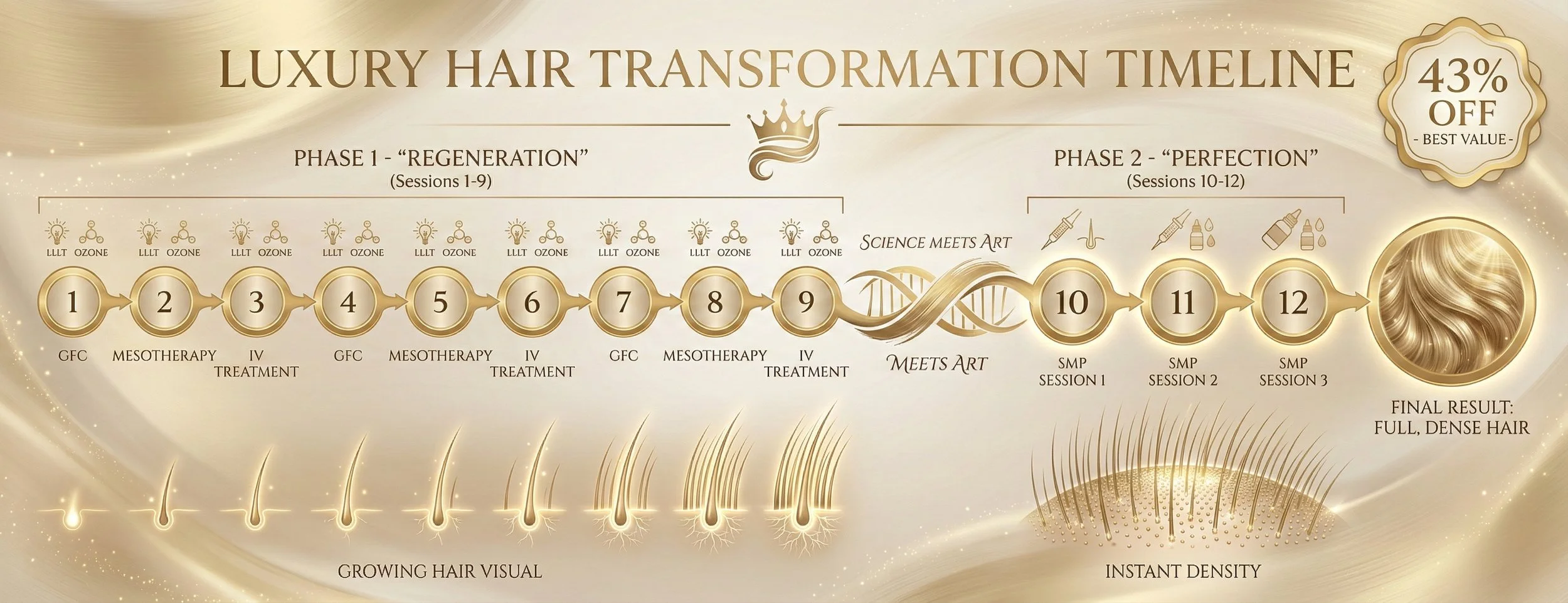 Diagram of luxury hair transformation timeline showing phases 1 and 2, with treatments including GFC, Mesotherapy, IV therapy, and SMP sessions, culminating in full, dense hair.
