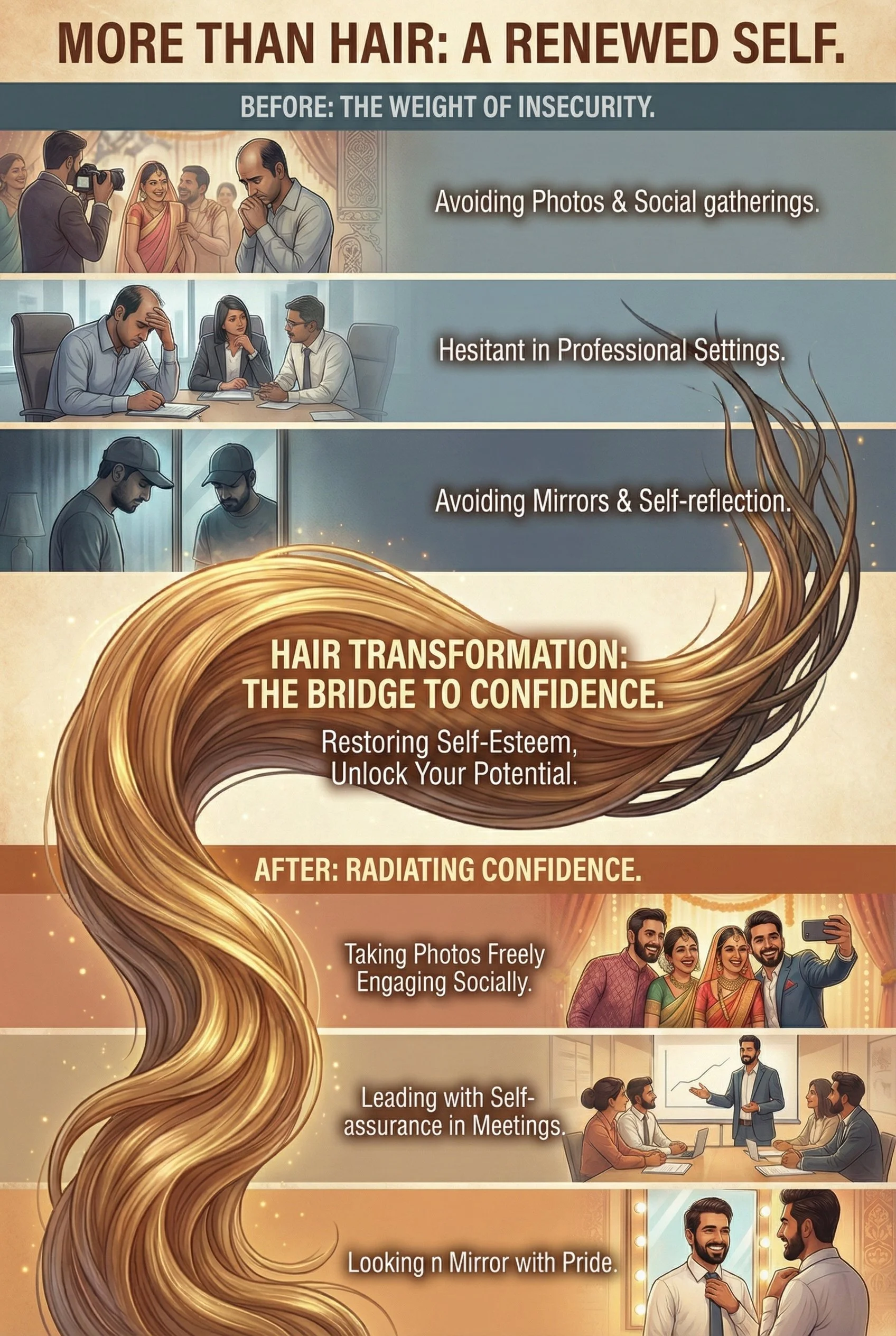 A promotional infographic about hair transformation and confidence. It shows before scenarios like avoiding photos and social settings, hesitation in professional settings, and avoiding mirrors and self-reflection. The after scenarios depict taking photos confidently, engaging socially, leading meetings with self-assurance, and looking in the mirror with pride. The central focus is on a large, flowing, shiny hair illustration symbolizing transformation and confidence.