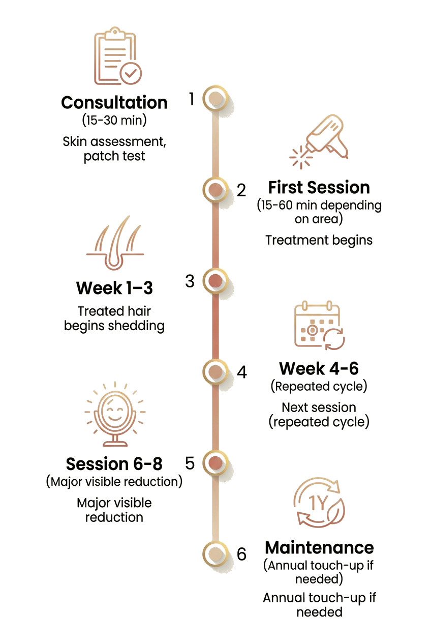A timeline infographic illustrating steps for hair treatment. Steps include consultation, first session, weeks 1-3 of shedding, weeks 4-6 of repeated cycles, sessions 6-8 with major visible reduction, and maintenance with annual touch-up.
