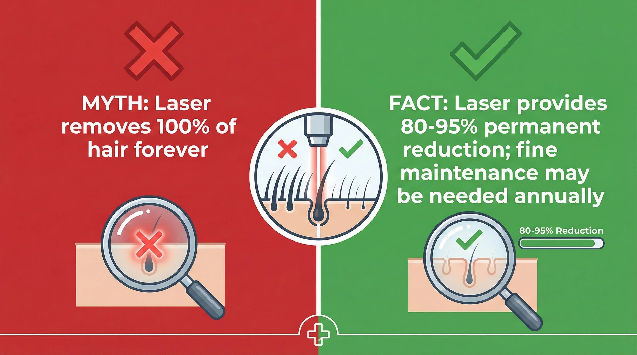 Comparison infographic showing that the myth that laser removes 100% of hair forever is false, and the fact that laser provides 80-95% permanent hair reduction; includes images of a magnifying glass with a hair follicle and a diagram of a laser targeting hair follicles.