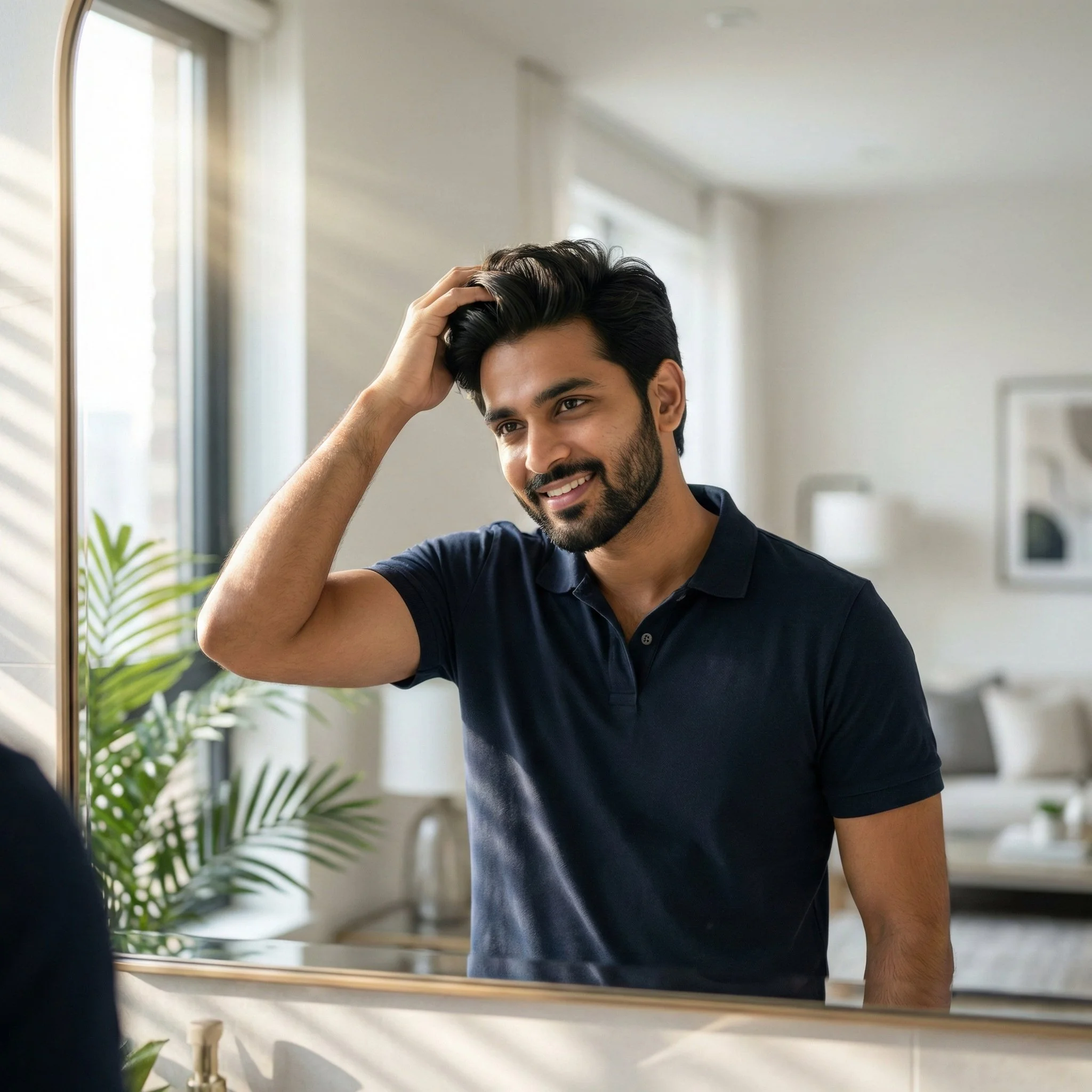 Man with healthy hair now before who was suffering from hair fall.young man with dark hair and a beard looking in the mirror, smiling, with one hand touching his hair, in a modern, well-lit room.