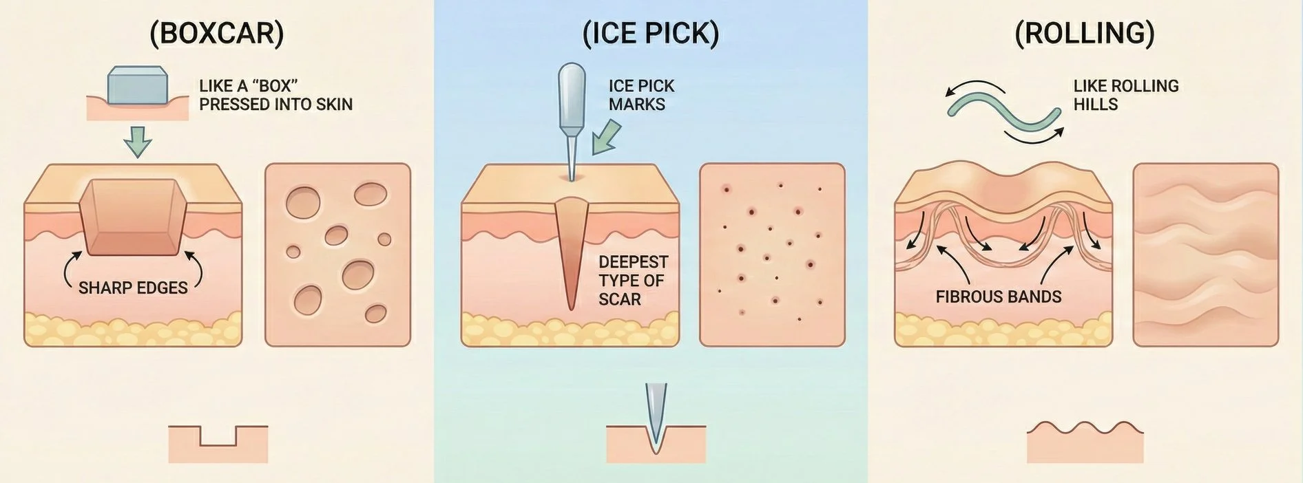 Diagram showing three stages of skin healing. First stage labeled 'Boxcar' with a wound with sharp edges and a description mentioning a box pressed into skin. Second stage labeled 'Ice Pick' showing a deep, narrow wound with ice pick marks. Third stage labeled 'Rolling' displaying a wound with fibrous bands and hills, indicating scar tissue formation.