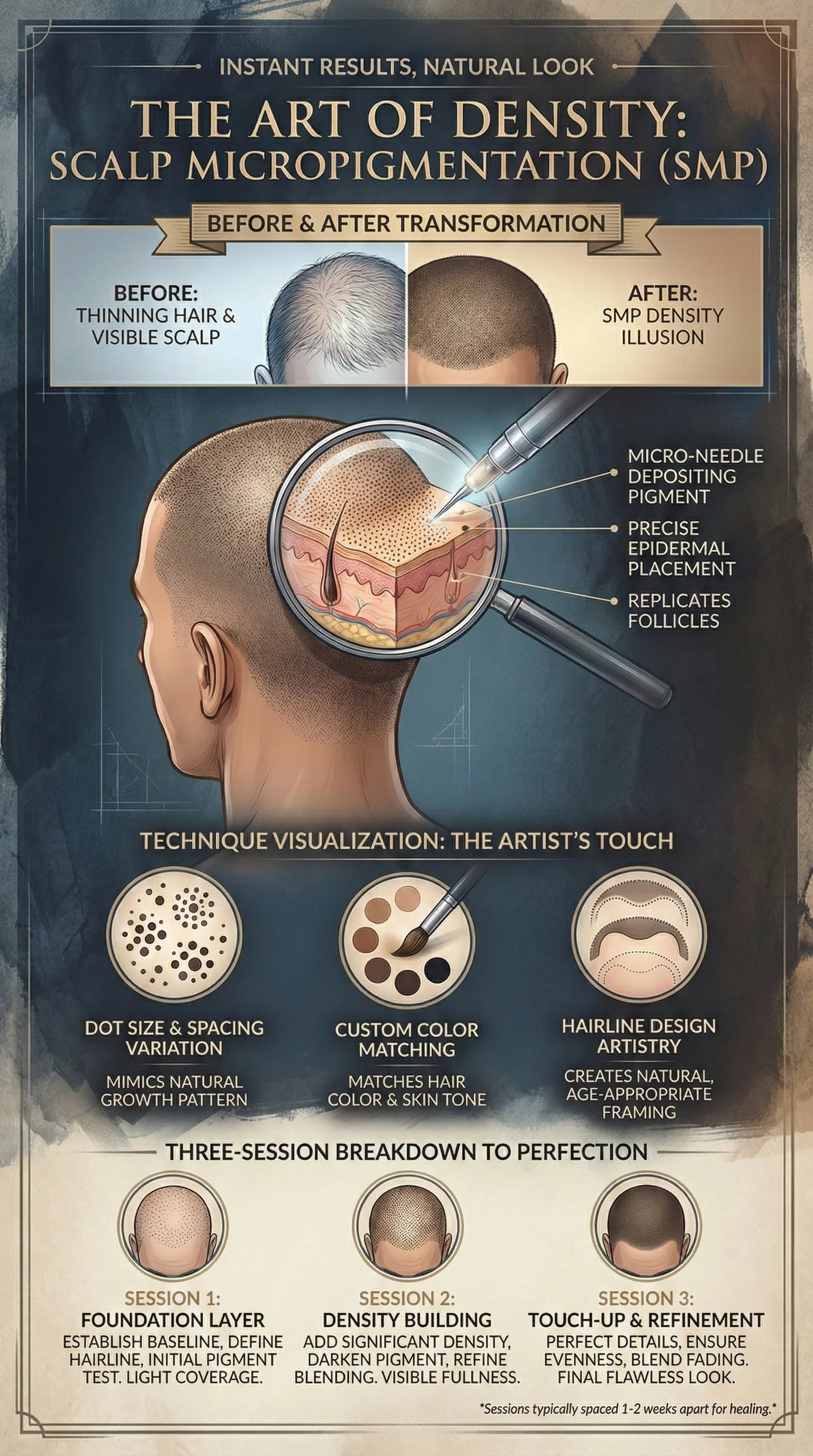 An informational poster explaining scalp micropigmentation (SMP) with before and after images of a person's scalp. It details the procedure with close-up illustrations of micro-needle depositing pigment, epidermal placement, and follicle replication. It highlights techniques such as dot size and spacing variation, custom color matching, and hairline design artistry. The three-session process includes foundation layer, density building, and touch-up & refinement, with descriptions of each stage.