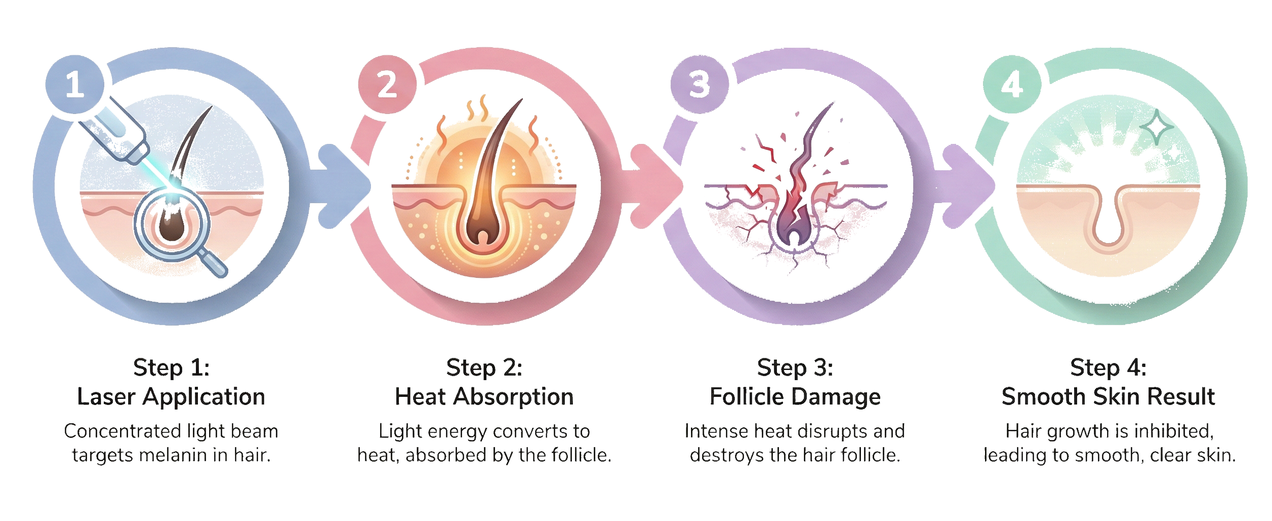 Infographic illustrating the four-step process of hair laser treatment. Step 1 shows laser application targeting melanin in hair. Step 2 depicts heat absorption damaging hair follicle. Step 3 shows follicle damage and destruction. Step 4 displays smooth skin with hair growth inhibited.