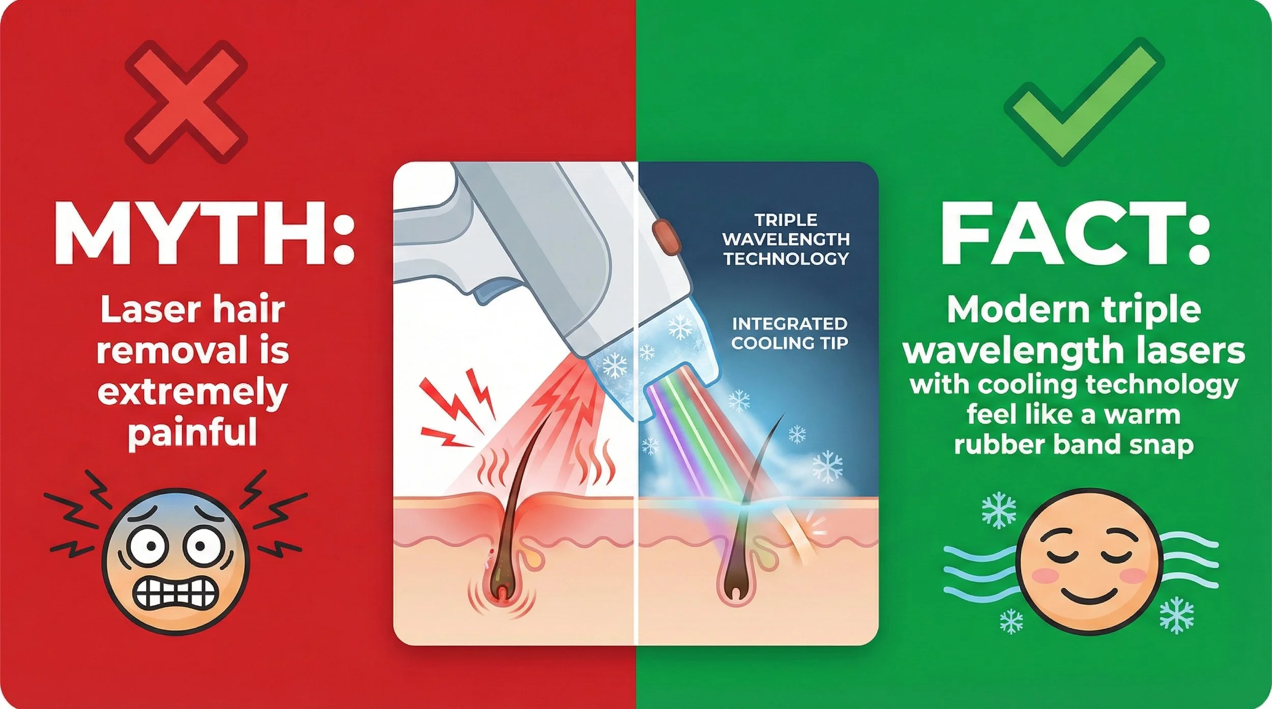 Comparison of myth and fact about laser hair removal, illustrating that modern triple wavelength lasers with cooling technology make the process feel like a warm rubber band snap.