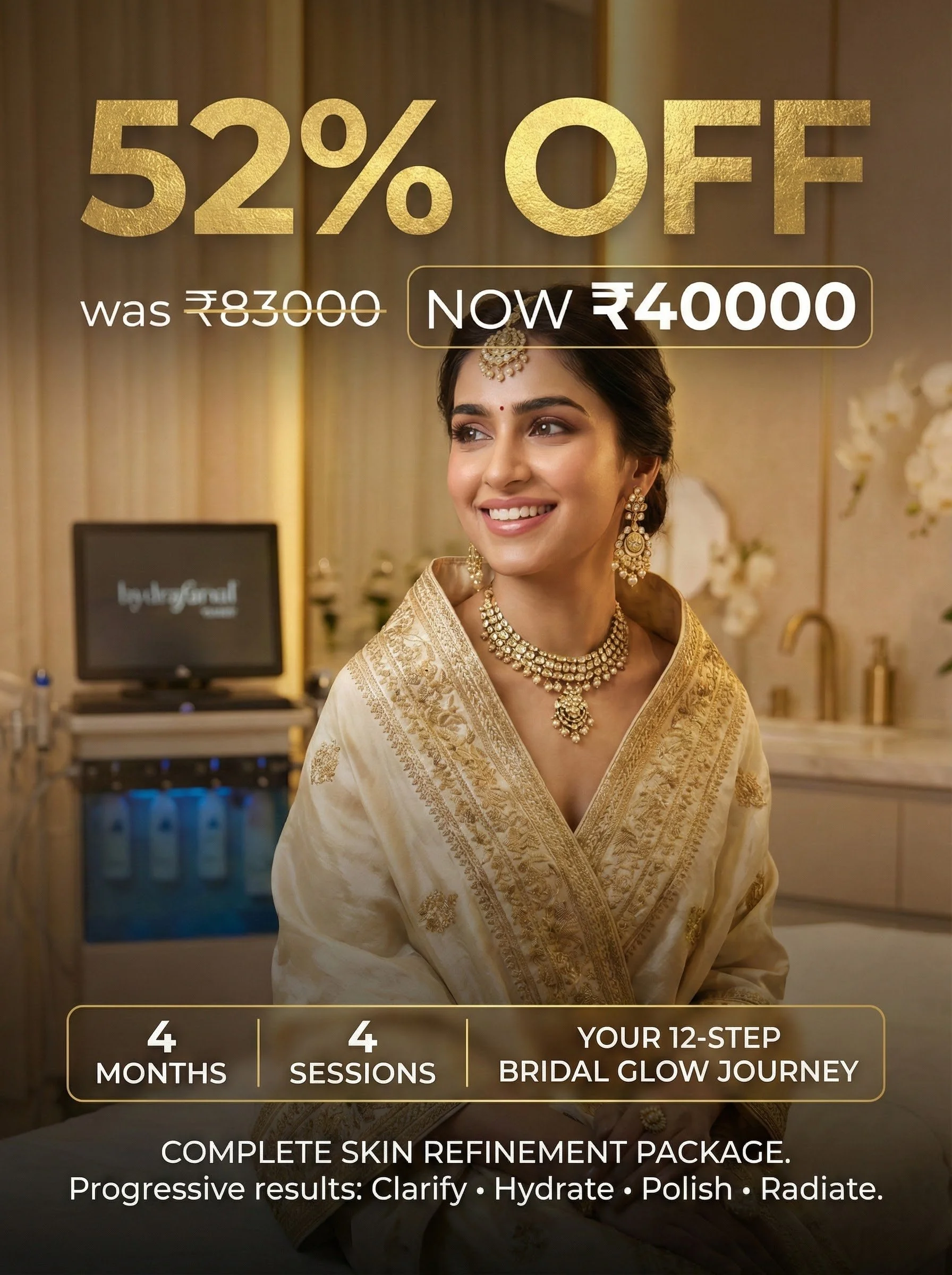 A woman dressed in traditional Indian bridal attire and jewelry smiling. Promotional text advertising a 52% discount on a 4-month, 4-session bridal glow skin refinement package.