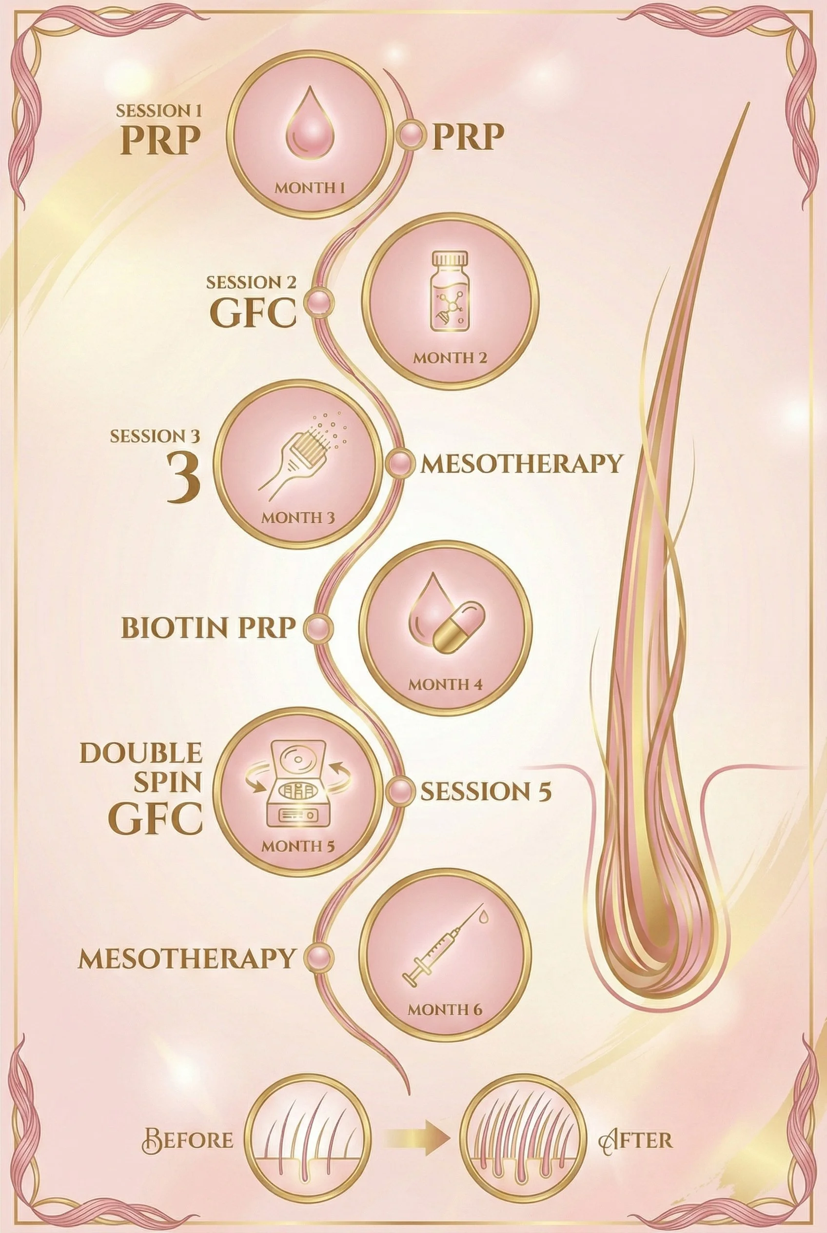 A timeline diagram illustrating a skincare treatment plan over six months with five sessions, involving PRP, GFC, mesotherapy, biotin, double spin GFC, and injections, showing before and after hair growth.