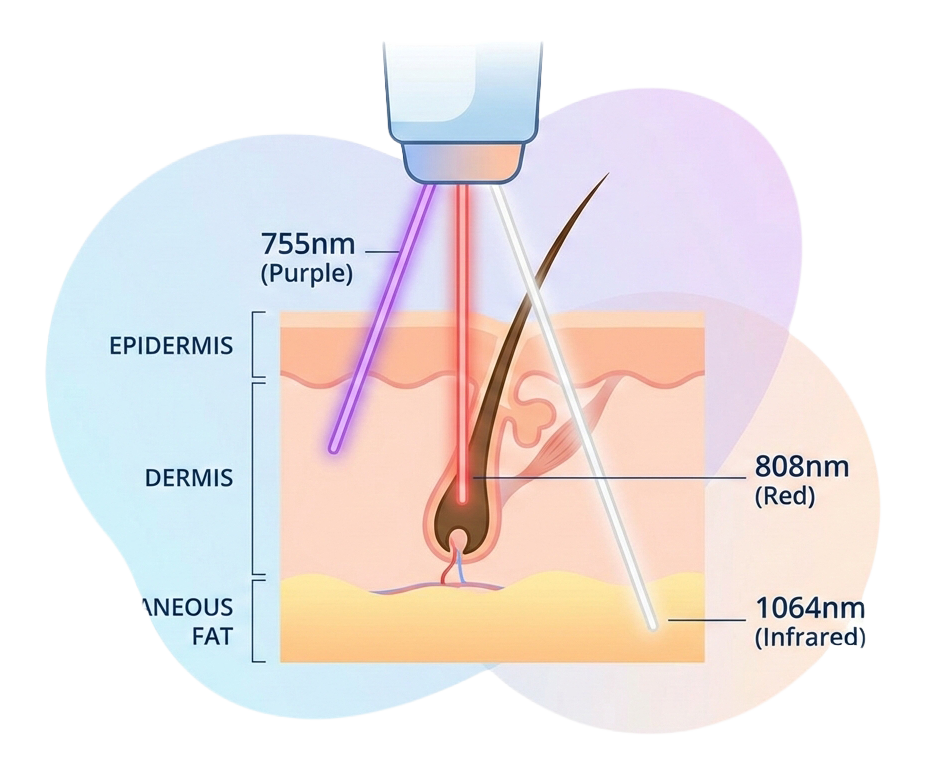 Diagram of laser wavelengths used in skin treatments, showing 755nm (purple) targeting epidermis, 808nm (red) targeting hair follicle, and 1064nm (infrared) penetrating deeper into fat layer.