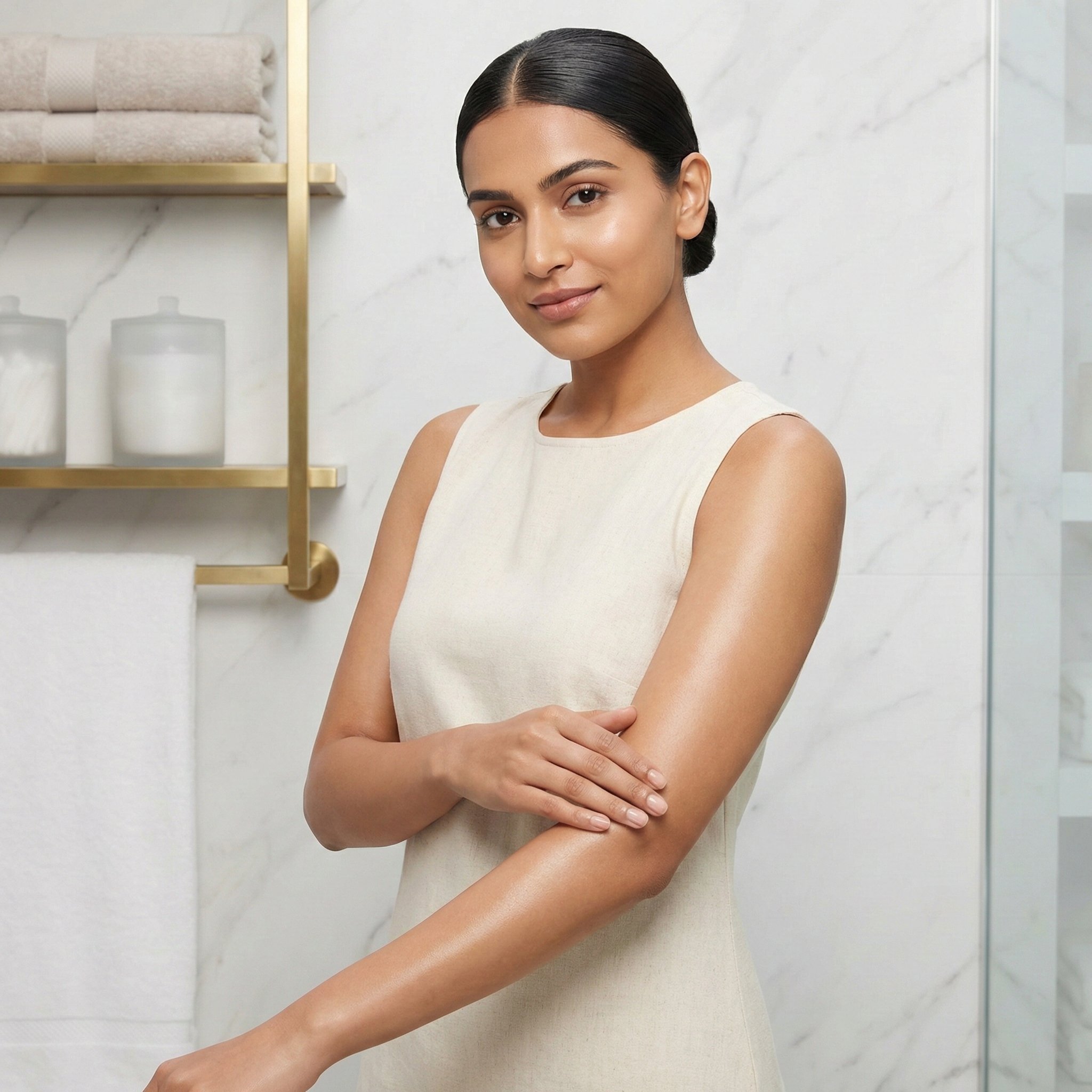 Woman with flawless smooth skin due to laser hair reduction.n a low bun applying lotion or moisturizer on her arm in a bathroom.