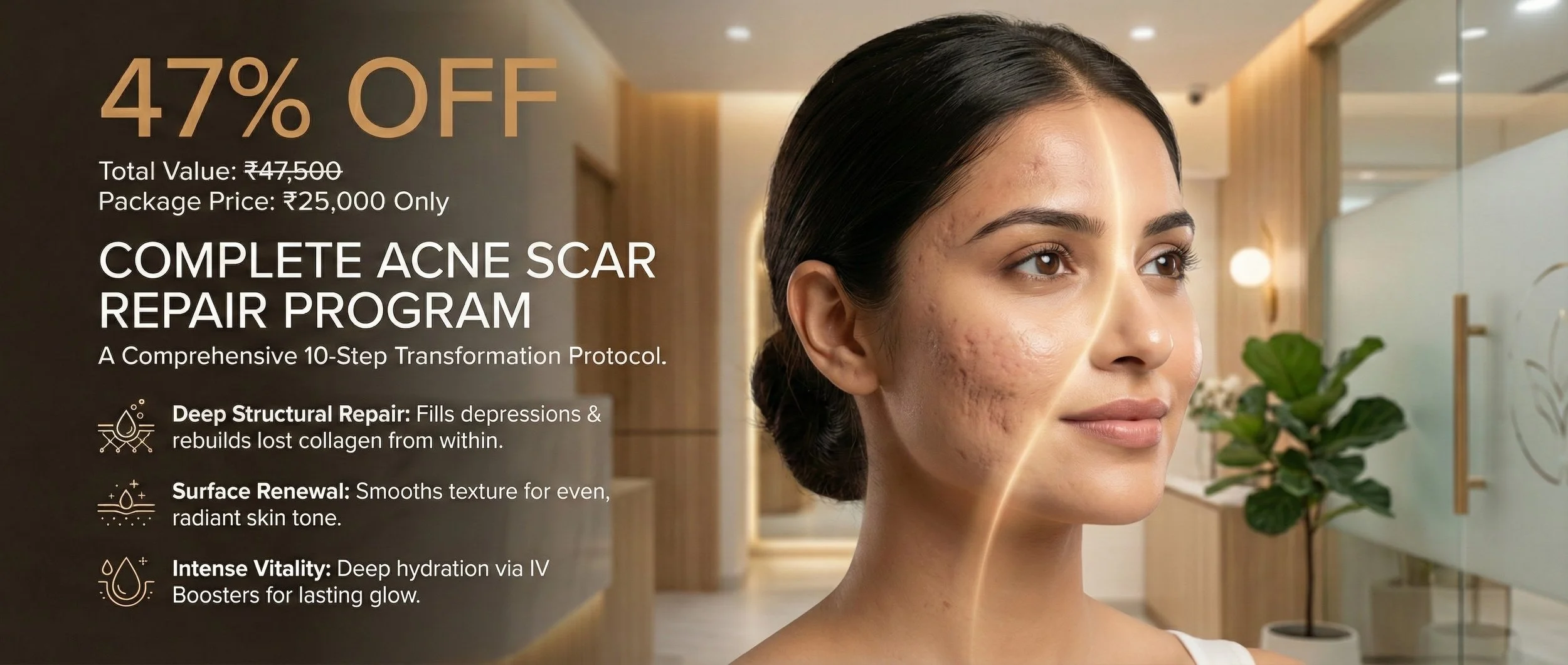 Advertisement for a 50% off acne scar repair program showing a woman with acne scars, with text detailing the program's benefits, price, and discount.