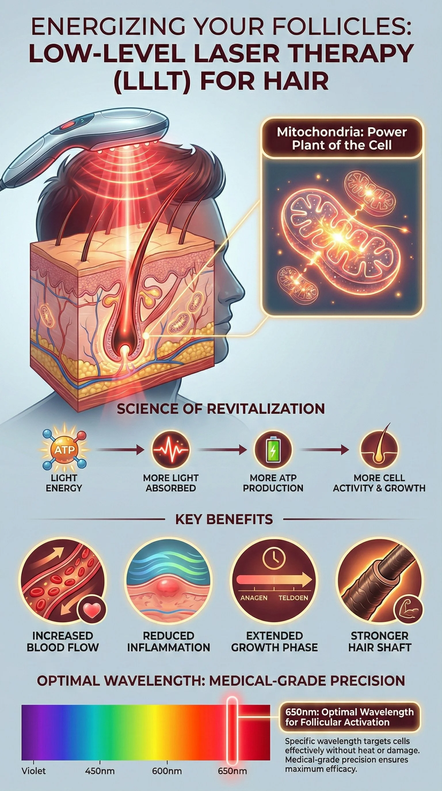 Diagram of low-level laser therapy (LLLT) for hair revivification, illustrating mitochondria as the power plant of the cell, and highlighting the science of revitalization through light energy absorption, ATP production, and cell growth, with key benefits such as increased blood flow, reduced inflammation, extended growth phase, and stronger hair shaft, along with the optimal wavelength of 650 nm for follicular activation.