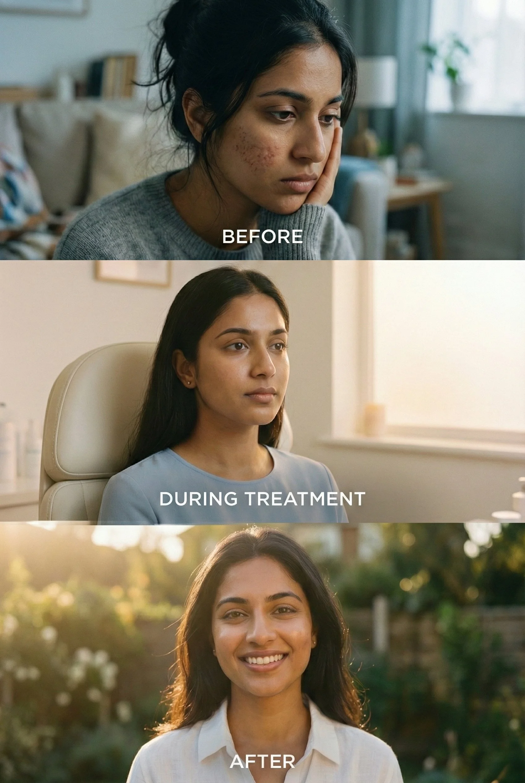 A woman with acne skin in the 'before' image, during treatment with clear skin in the middle, and smiling outdoors with clear skin in the 'after' image.