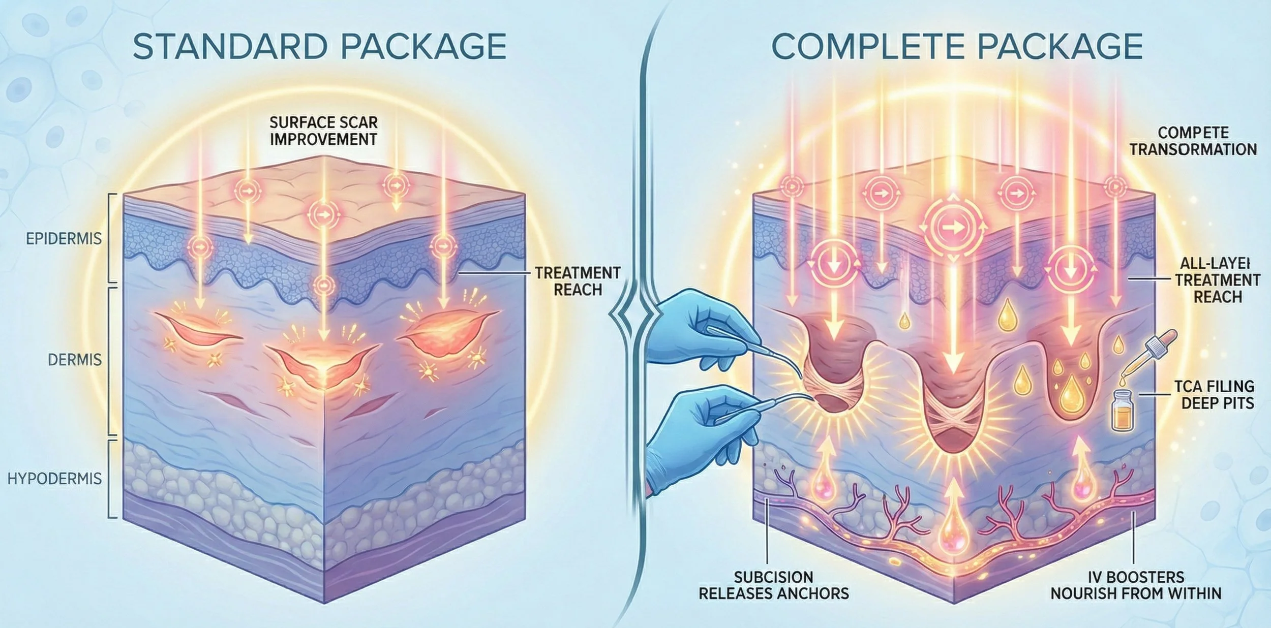 Diagram comparing standard and complete skin treatment packages, showing how the complete package includes deeper and broader reach, TCA filling deep pits, subcision releasing anchors, and IV boosters nourishing from within.