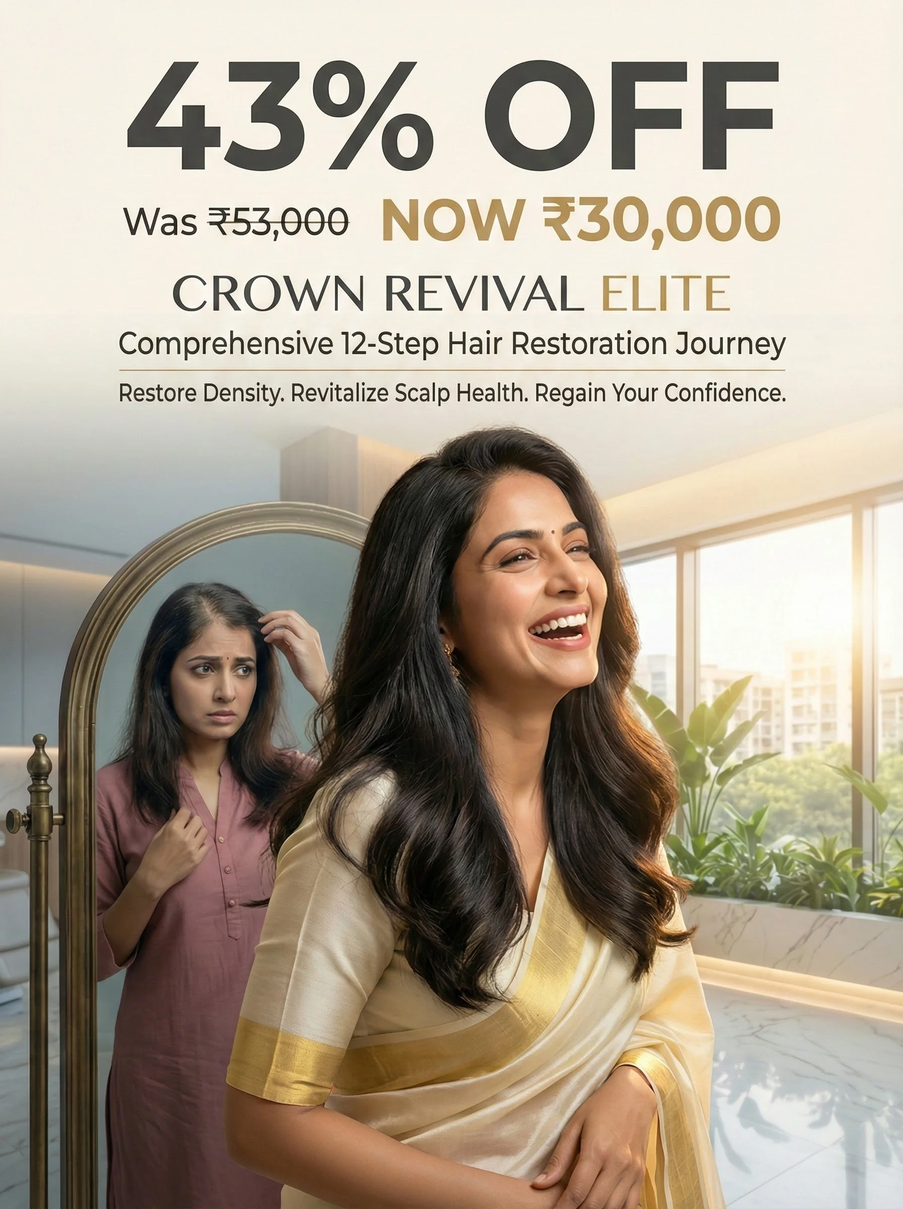 Advertisement for a hair restoration service offering 43% off, featuring a woman smiling in front of a mirror and another woman in the background adjusting her hair.