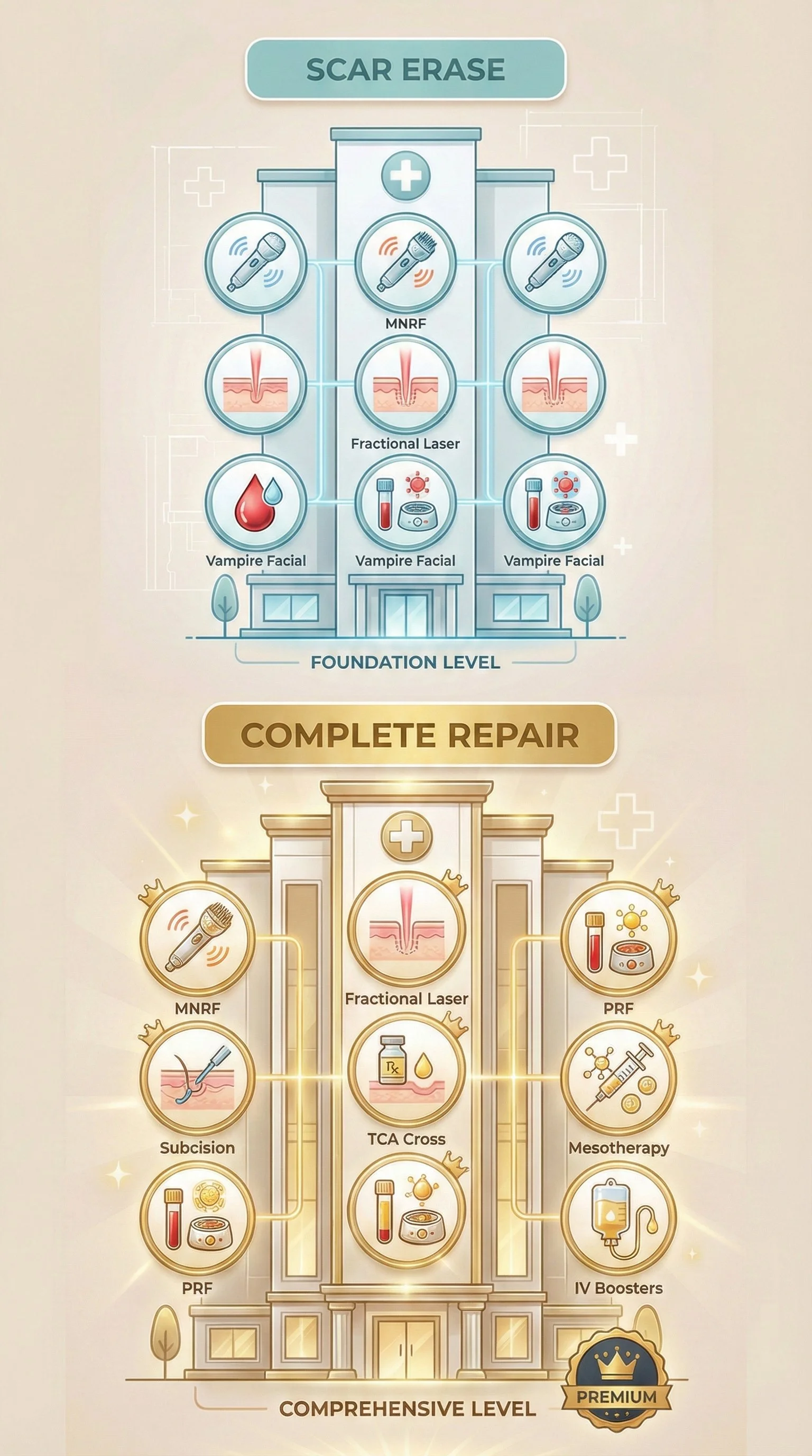 A comparison chart showing three levels of skincare treatment: the foundation level with various laser and facial treatments, and the comprehensive level with additional advanced procedures, ending with a premium tier.