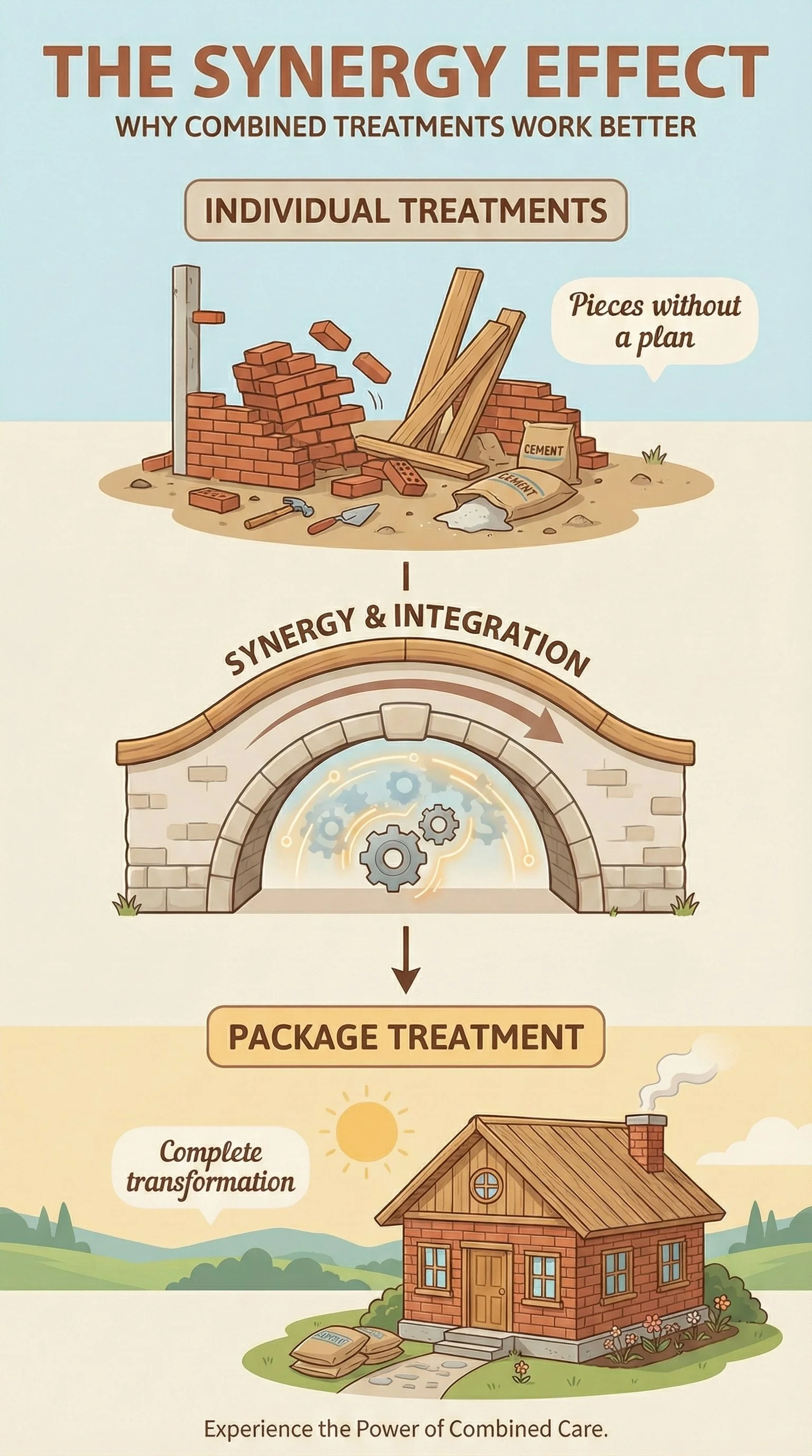 Diagram illustrating the synergy effect in combined treatments: starting with individual treatments represented by a brick wall under construction with bricks, tools, and cement bags; showing the synergy and integration of treatments with a gears and cogs mechanism in an arch; leading to package treatment represented by a house with a garden, sun, and smoke chimney, indicating complete transformation. The caption emphasizes the power of combined care.