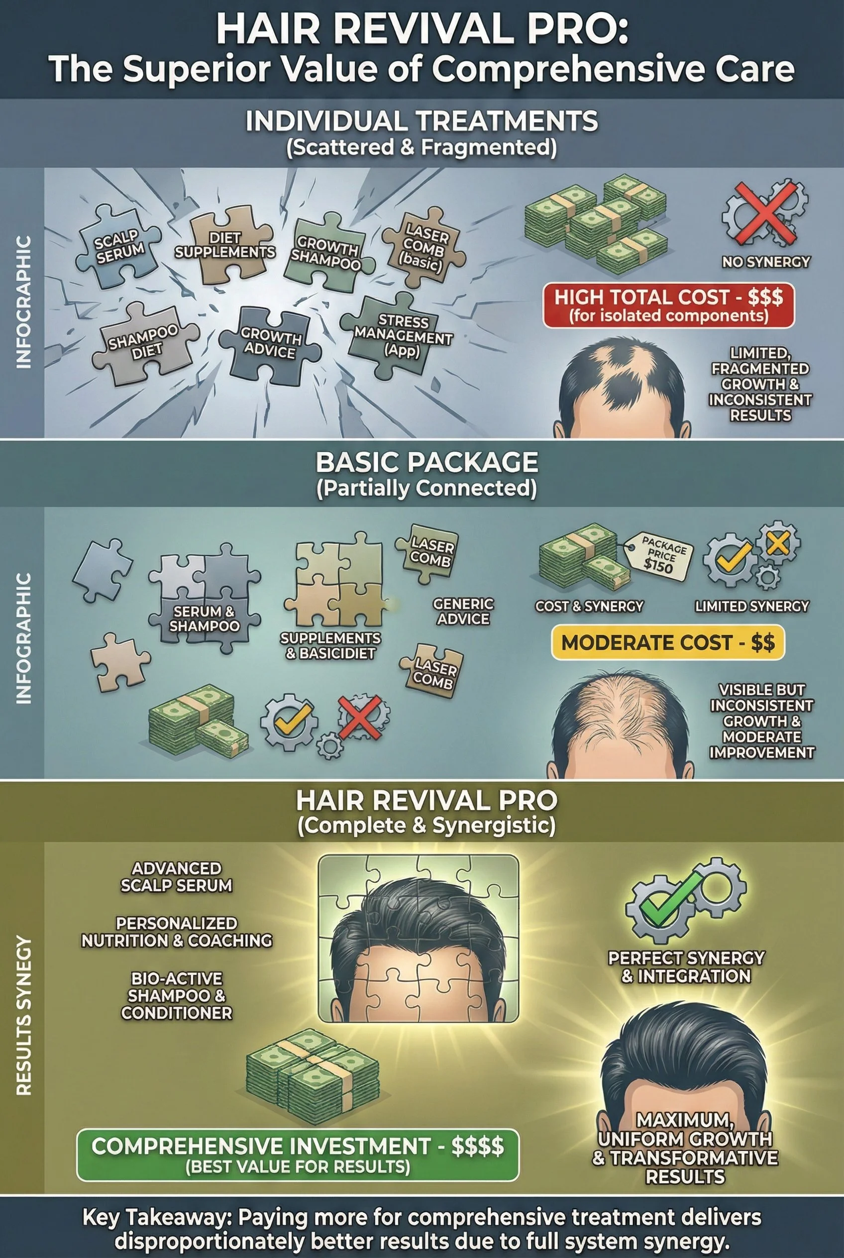 Infographic comparing three hair treatment packages: Hair Revival Pro, Basic Package, and Hair Revival Pro with a focus on cost, components, and results. It highlights that comprehensive, full-system treatments offer maximum, uniform growth with better results.