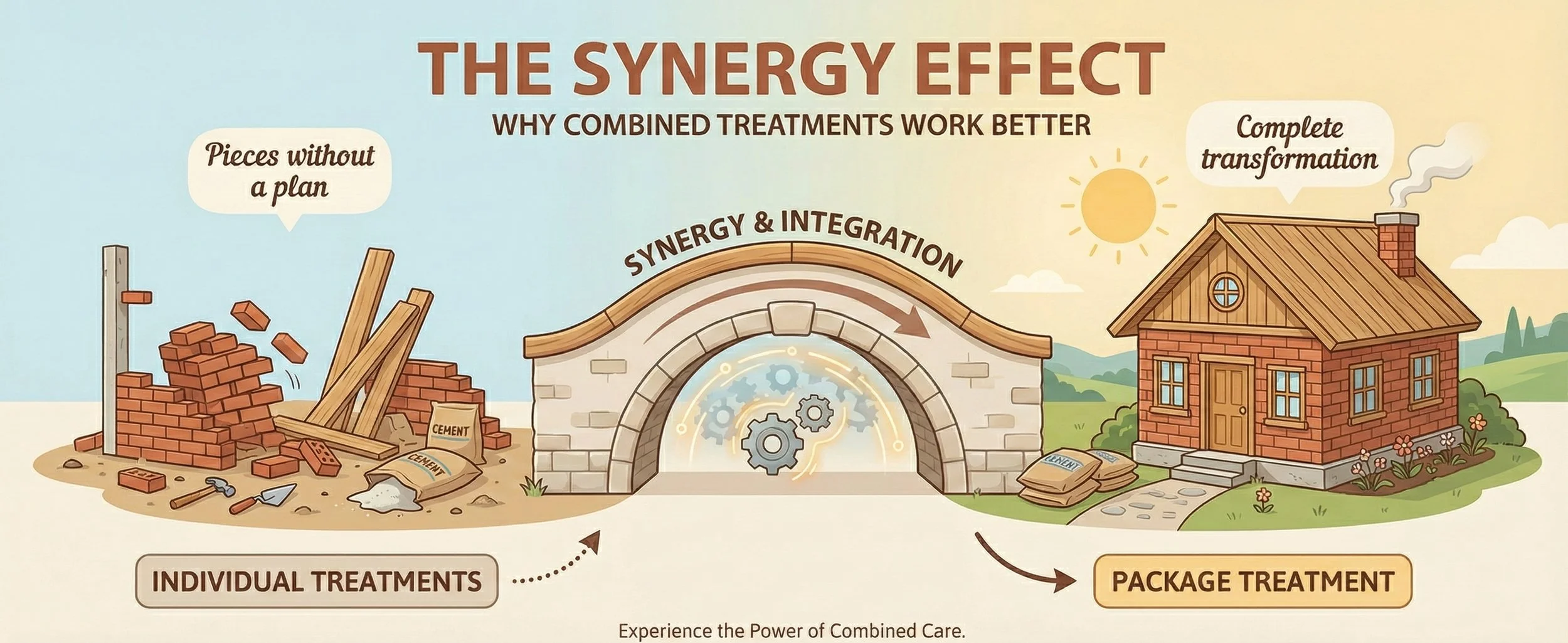A digital illustration showing the process of combining individual treatments into a package treatment through synergy and integration. The image depicts bricks, wood, cement, and tools on the left labeled as 'Individual Treatments.' An archway labeled 'Synergy & Integration' in the center has gears inside, symbolizing combined effort. On the right, there is a cozy house with a garden, chimney smoke, and the label 'Complete transformation,' representing the final result of package treatment.