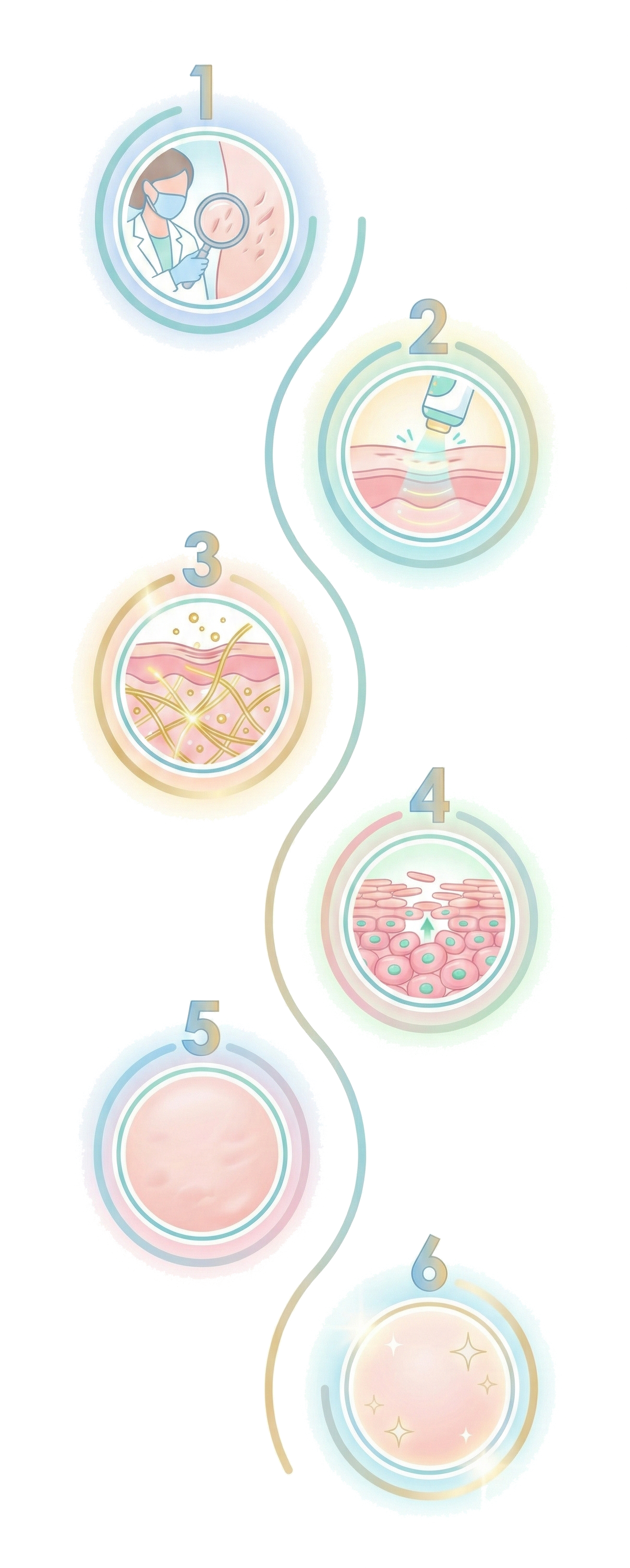 A step-by-step skincare or dermatology process infographic showing six stages, including skin examination, application of a topical treatment, skin repair, skin regeneration, healing, and skin glow or renewal.