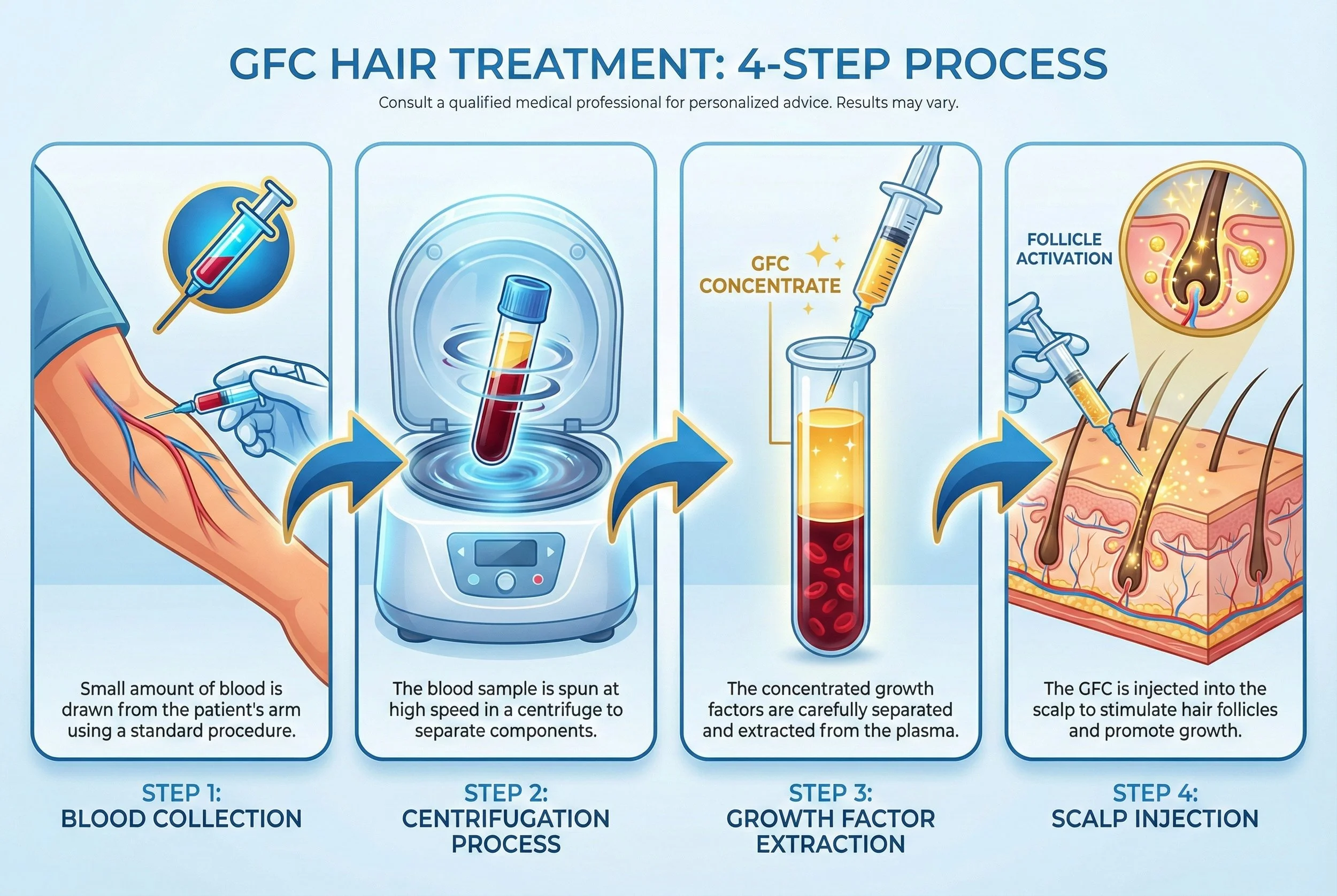 Infographic depicting a 4-step process for GFC hair treatment. Step 1 shows blood draw from a patient's arm; Step 2 shows blood spinning in a centrifuge; Step 3 illustrates the extraction of concentrated growth factors (GFC) from plasma; Step 4 shows the GFC being injected into the scalp through a syringe to stimulate hair follicle growth.
