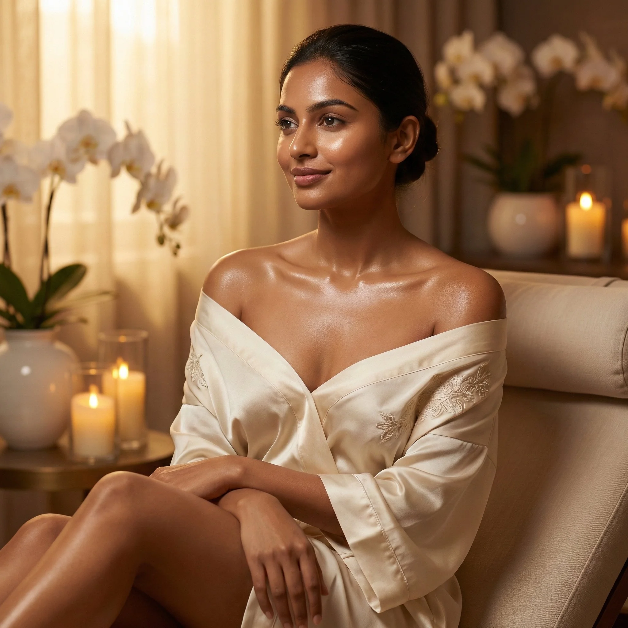A woman with smooth, glowing skin due to full body polishing sitting on a sofa, wearing a silk robe, in a warmly lit room with candles and white orchids.