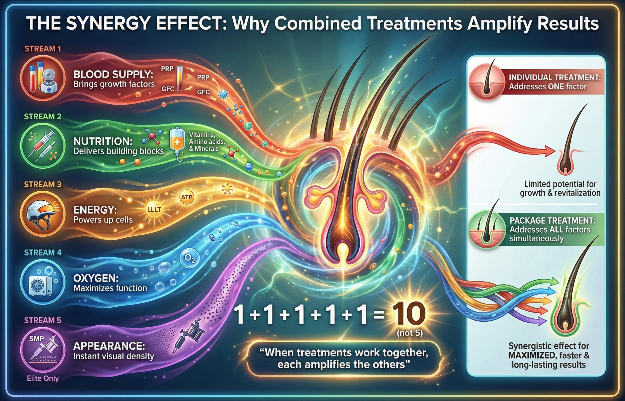 An infographic titled "The Synergy Effect: Why Combined Treatments Amplify Results" showing five treatment streams converging into a central image. Each stream is labeled with its function: blood supply with growth factors, nutrition with vitamins and minerals, energy with ATP, oxygen, and appearance with visual density. The streams are color-coded: red, green, orange, blue, and purple. The infographic highlights that combining these treatments results in a synergistic effect, amplifying results, with a visual equation "1+1+1+1+1=10". On the right, the infographic explains that individual treatments address one factor with limited potential, while package treatments address all factors simultaneously, leading to faster and longer-lasting results.