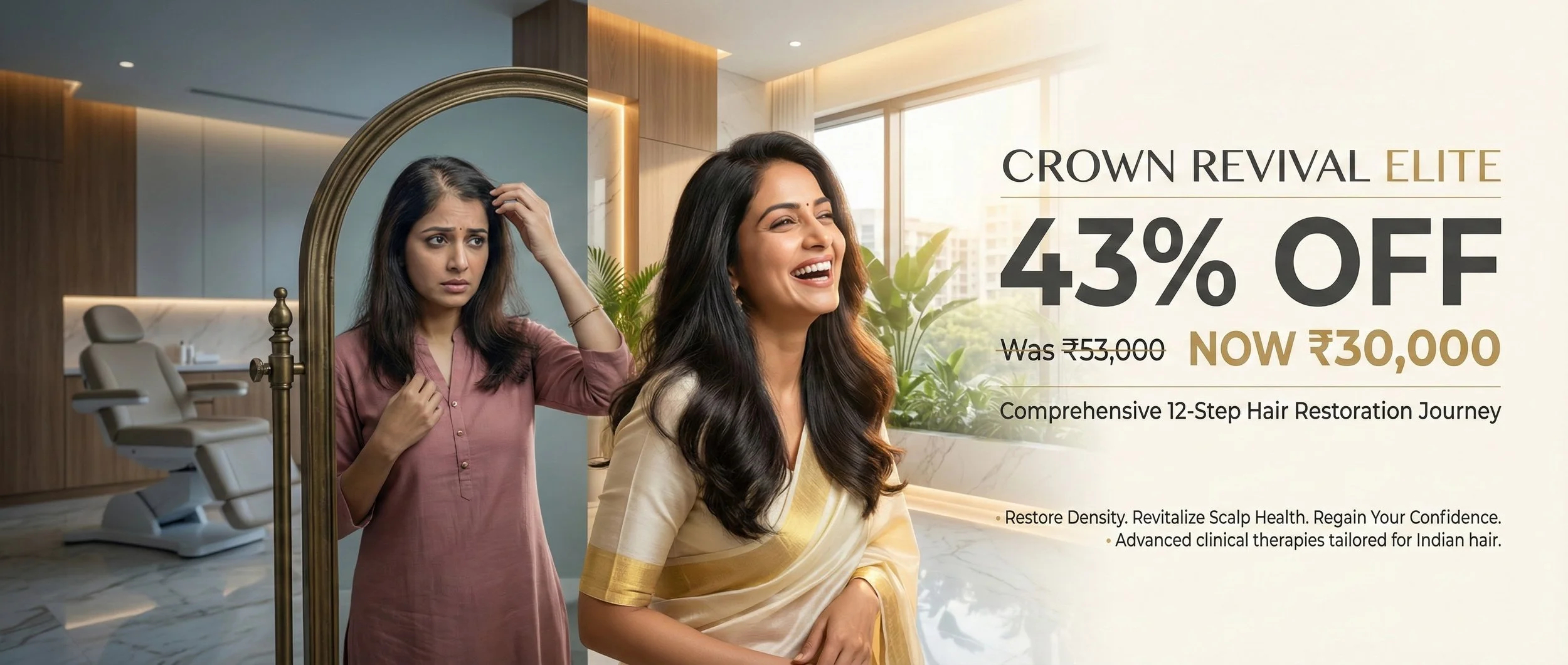A woman smiling with shiny, healthy hair in a hair salon, with a woman looking worried and scratching her head in front of a mirror, and promotional text advertising a 43% discount on a comprehensive 12-step hair restoration journey.
