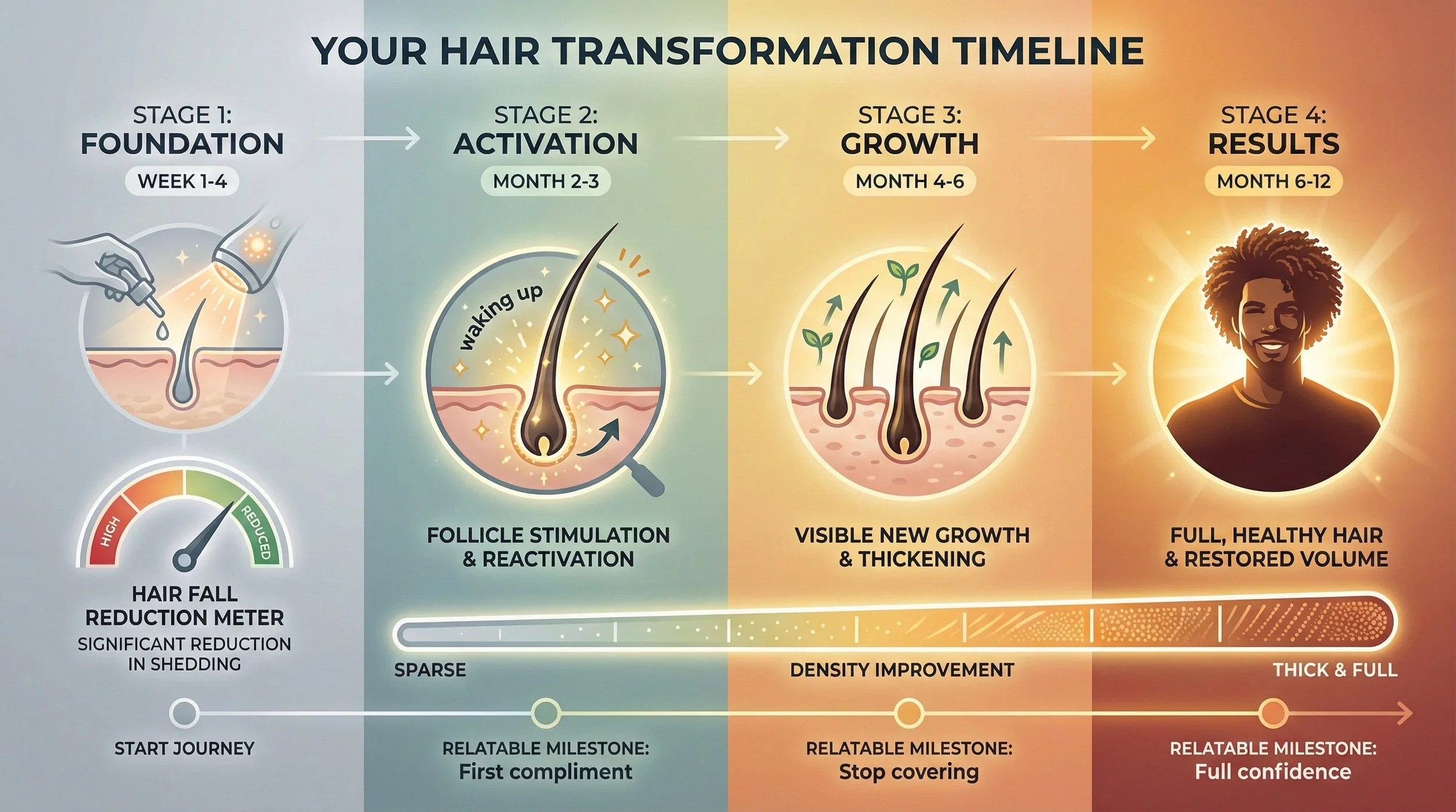 A timeline graphic for hair transformation showing four stages: foundation with shedding reduction, activation with follicle awakening, growth with new hair and thickening, and results with full, healthy hair and volume. Each stage includes a description and time frame, with visual representations of hair follicles and hair growth.