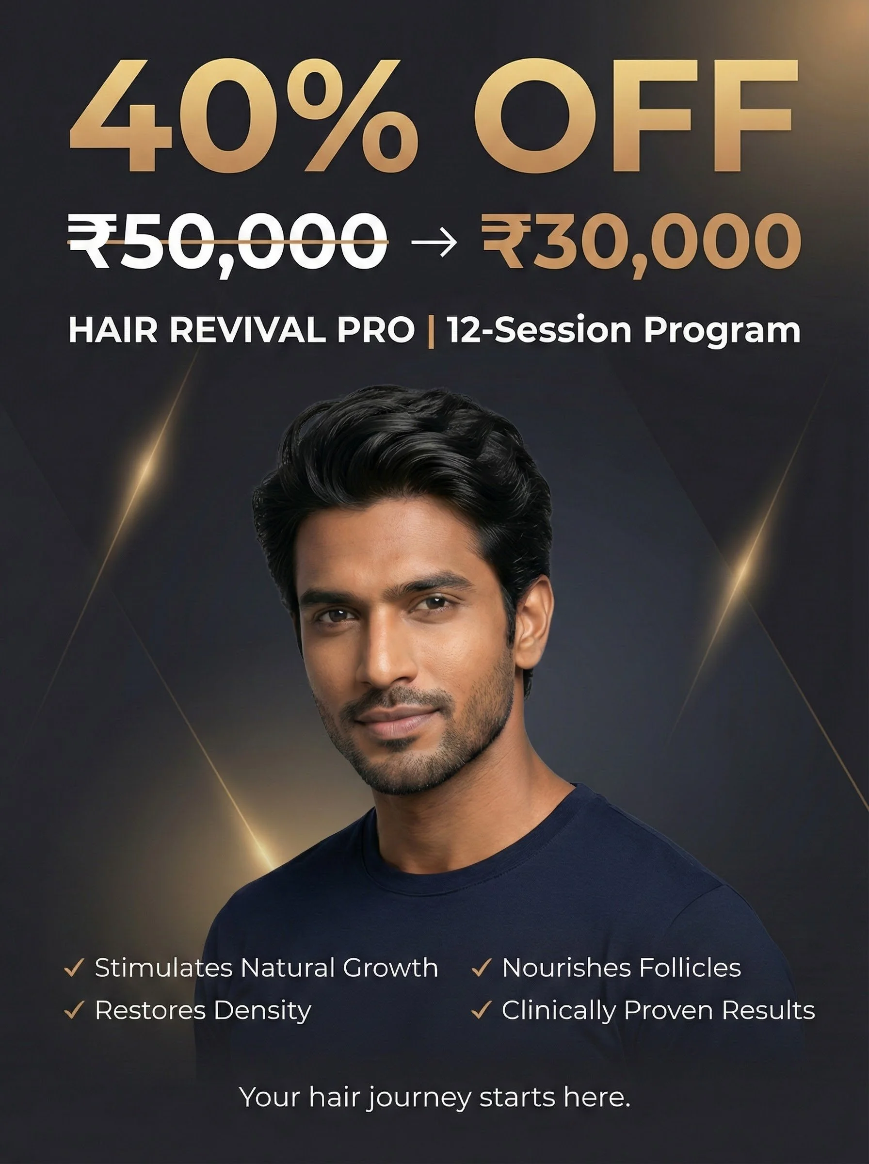 Advertisement for a hair treatment promotion offering 40% off on a 12-session Hair Revival Pro program, reduced from 50,000 to 30,000 rupees, featuring a confident man with dark hair and beard and bullet points highlighting benefits like stimulating 