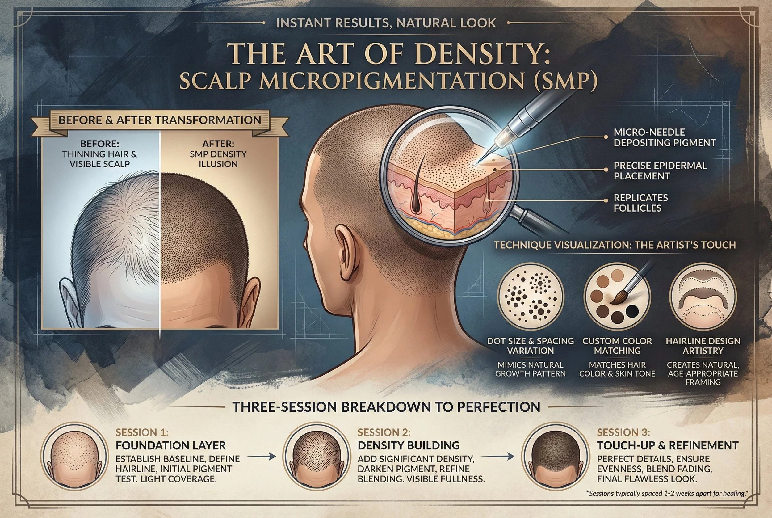 A detailed infographic explaining scalp micropigmentation (SMP) procedure, showing before and after images, a cross-section of the scalp with a micro-needle, and steps of a three-session treatment process including foundation layer, density building, and touch-up. It highlights technique visualization options such as dot size, custom color matching, and hairline design.