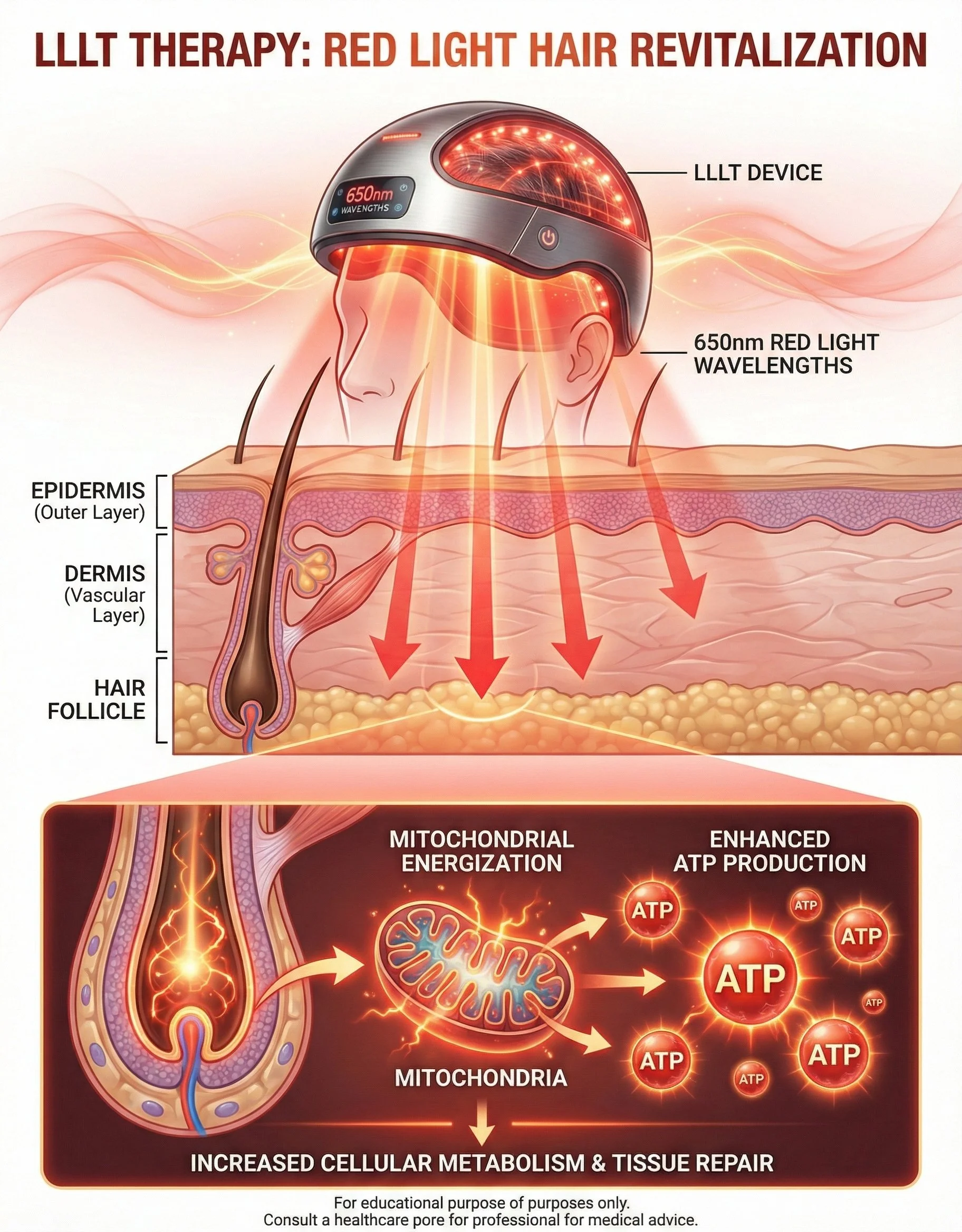 Diagram explaining LLLT therapy for red light hair revitalization. The image shows a head with an LLLT device emitting 650nm red light wavelengths onto the scalp, targeting hair follicles within the epidermis and dermis layers. An inset illustrates mitochondrial energization in hair follicle cells, leading to increased ATP production, which promotes cellular metabolism and tissue repair.
