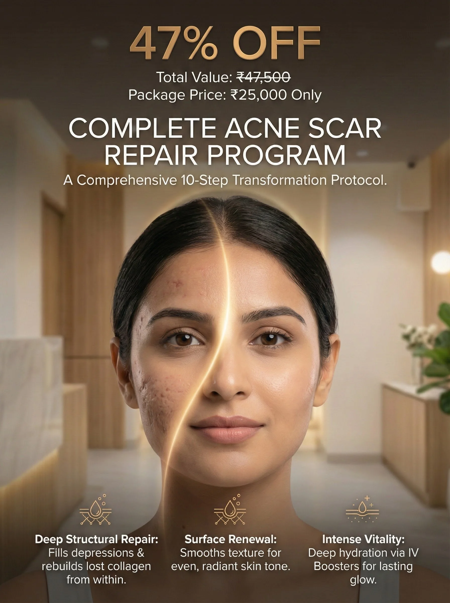 Advertisement for a complete acne scar repair program offering a 47% discount, featuring a woman's face with one side showing acne scars and the other clear skin, highlighting the treatment benefits.