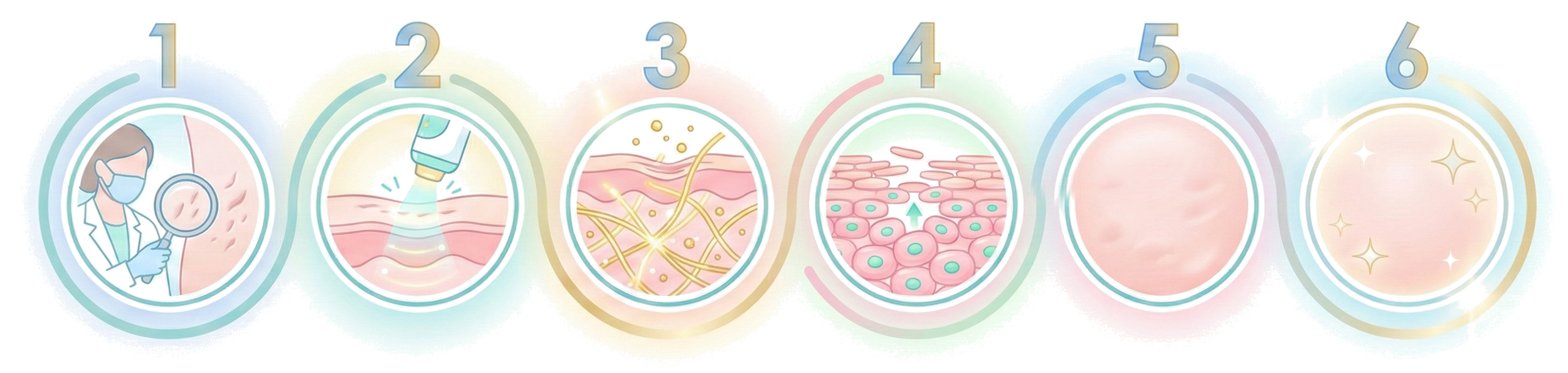 Six-step illustration of a skincare or cosmetic procedure, starting with a woman examining skin, applying a treatment, followed by skin layers, repair, and resulting in clear, glowing skin.