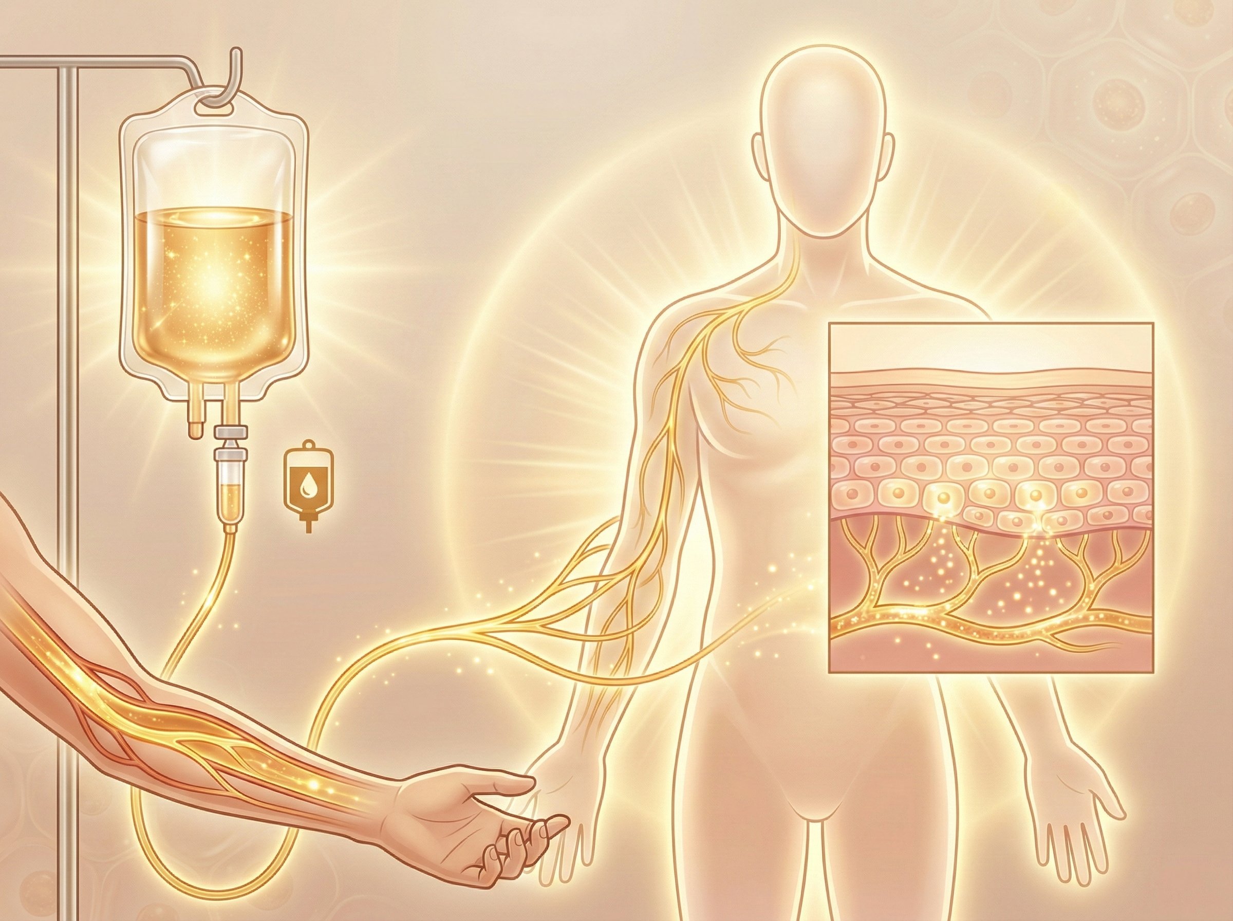Medical illustration showing a hand connected to an IV drip, with nerves extending to a human body, highlighting skin layers and nerve networks.