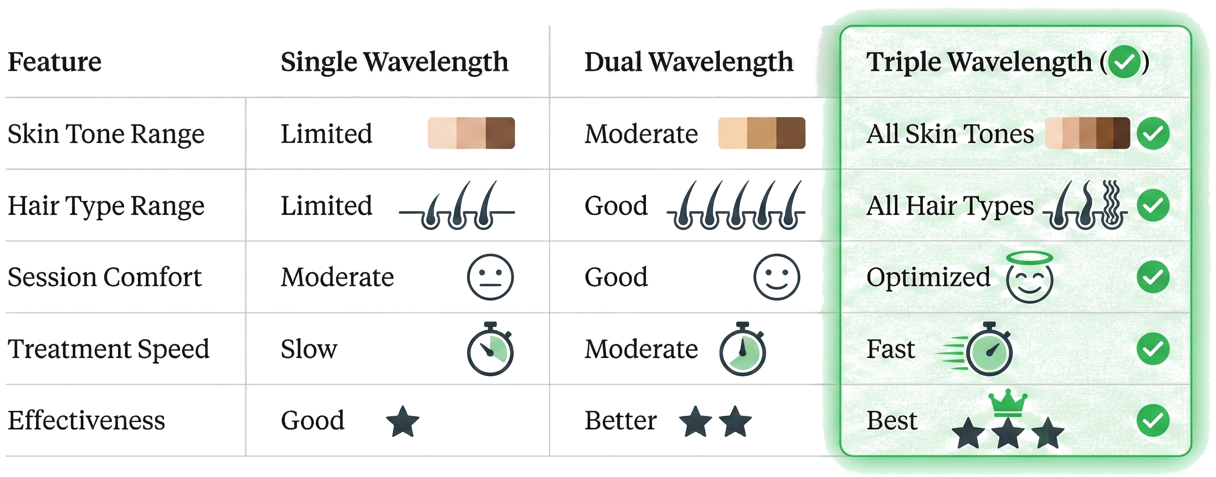 Comparison chart showcasing features of skincare options, highlighting triple wavelength benefits, all skin tones, all hair types, optimized, fast, and effective results with a 3-star rating.