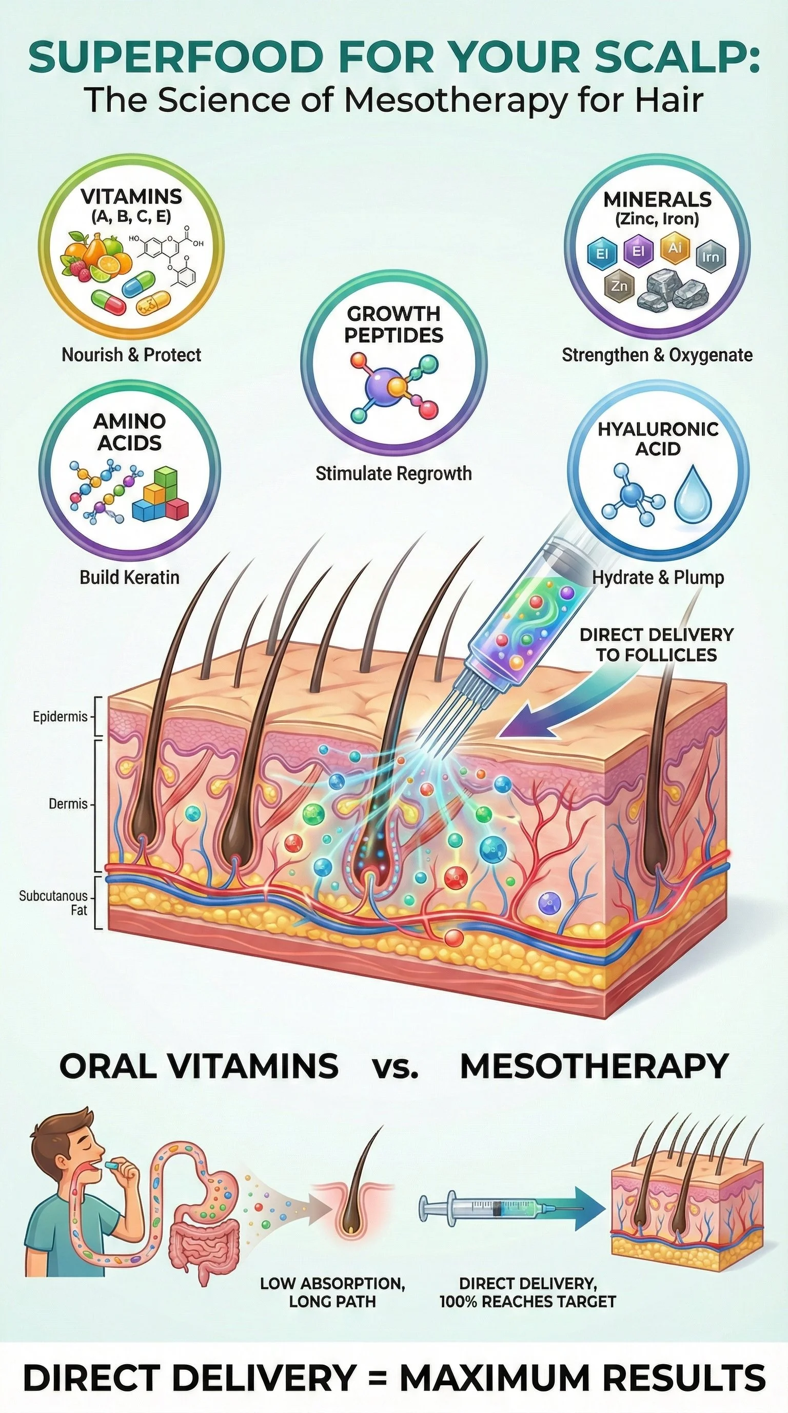 Infographic explaining mesotherapy for hair, highlighting benefits of superfoods like vitamins, minerals, amino acids, growth peptides, and hyaluronic acid, with a diagram showing direct delivery to hair follicles.