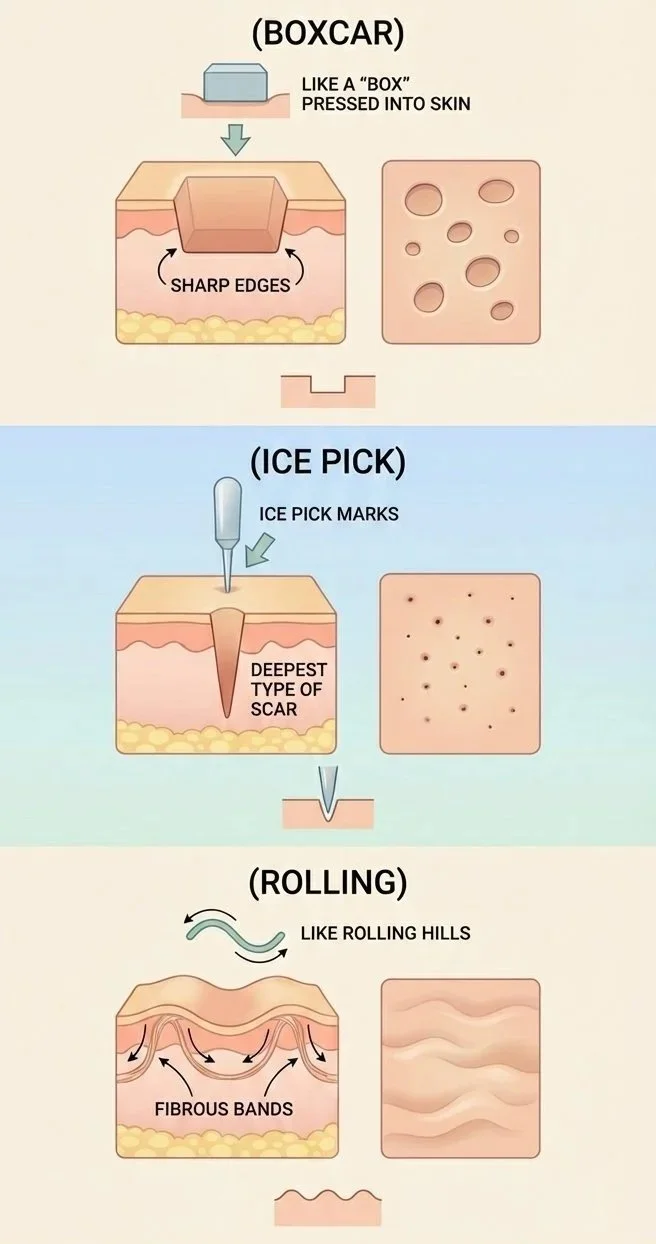 Diagram illustrating three skin procedures: (1) Boxcar, showing a punched-out skin indentation with sharp edges, (2) Ice pick, depicting a deep, narrow scar with an ice pick penetrating into the skin, and (3) Rolling, showing skin with fibrous bands causing a wavy texture.