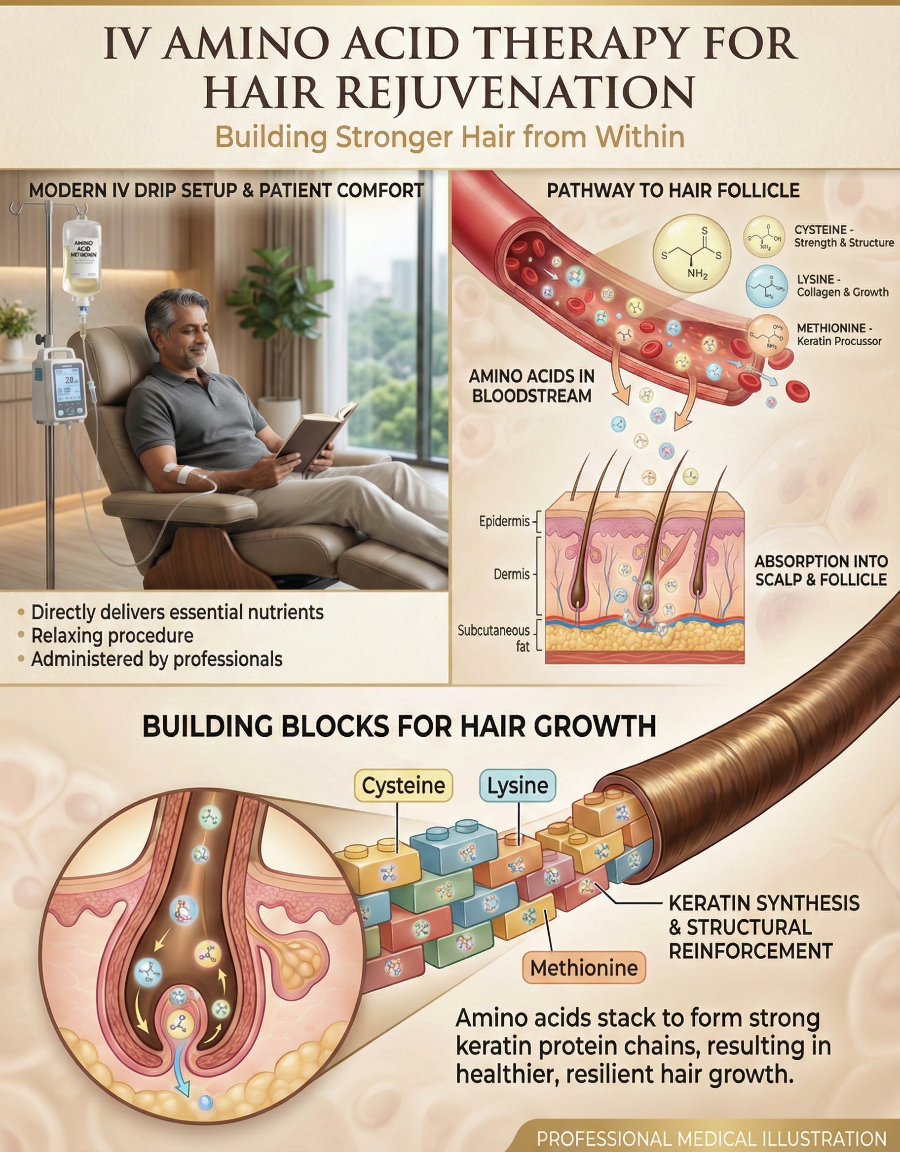 An infographic explaining IV amino acid therapy for hair rejuvenation, including a patient receiving treatment and diagrams showing bloodstream absorption and hair follicle building blocks using amino acids like cysteine, lysine, and methionine.