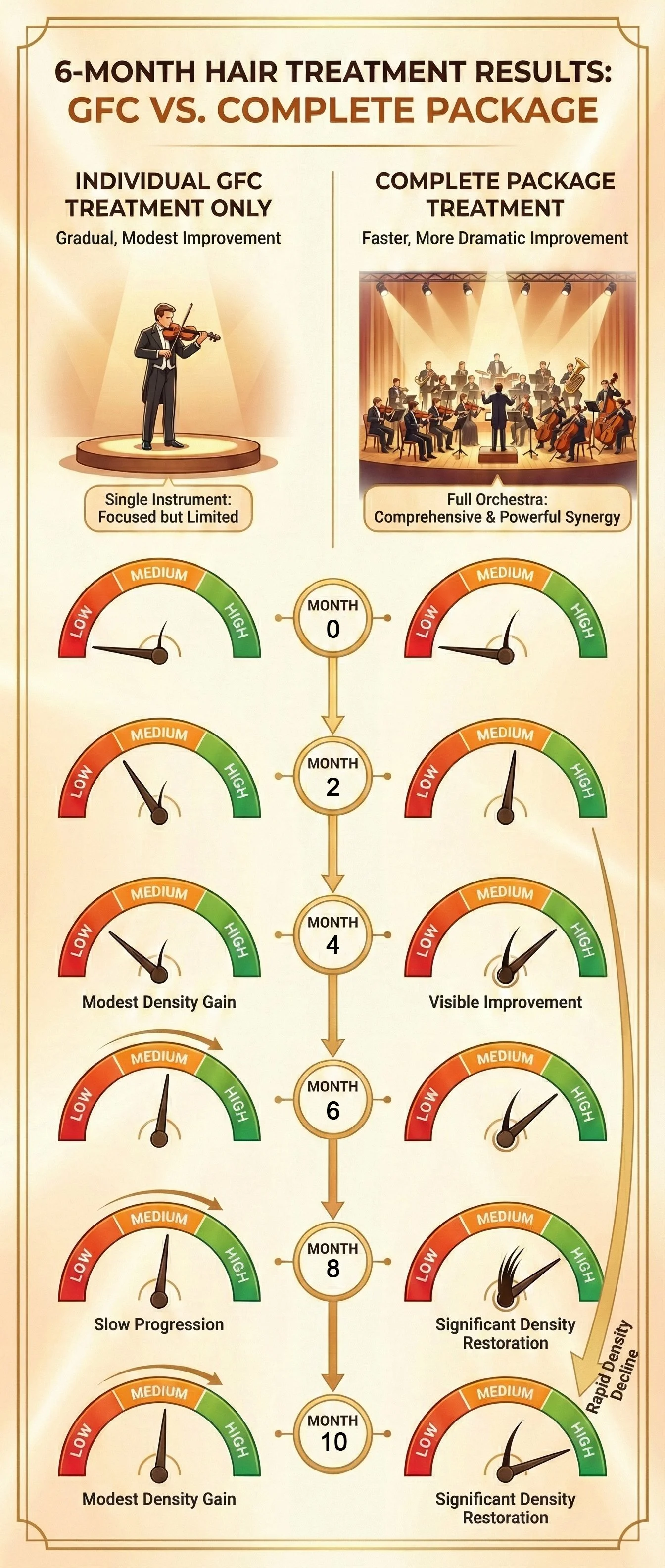 Comparison of 6-month hair treatment results: GFC versus complete package. GFC treatment shows gradual, modest improvement over 10 months, with low density gain at 6 and 10 months. Complete package treatment shows faster, more dramatic improvement, with high density restoration at 8 and 10 months and rapid density decline after that.