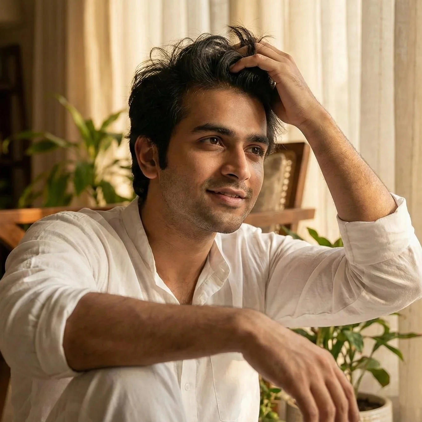 a man with beautifufy healty hair who was suffering from hair thinning. A man with dark hair, wearing a white shirt, sitting indoors with a hand on his head and a gentle smile, with plants and curtains in the background.
