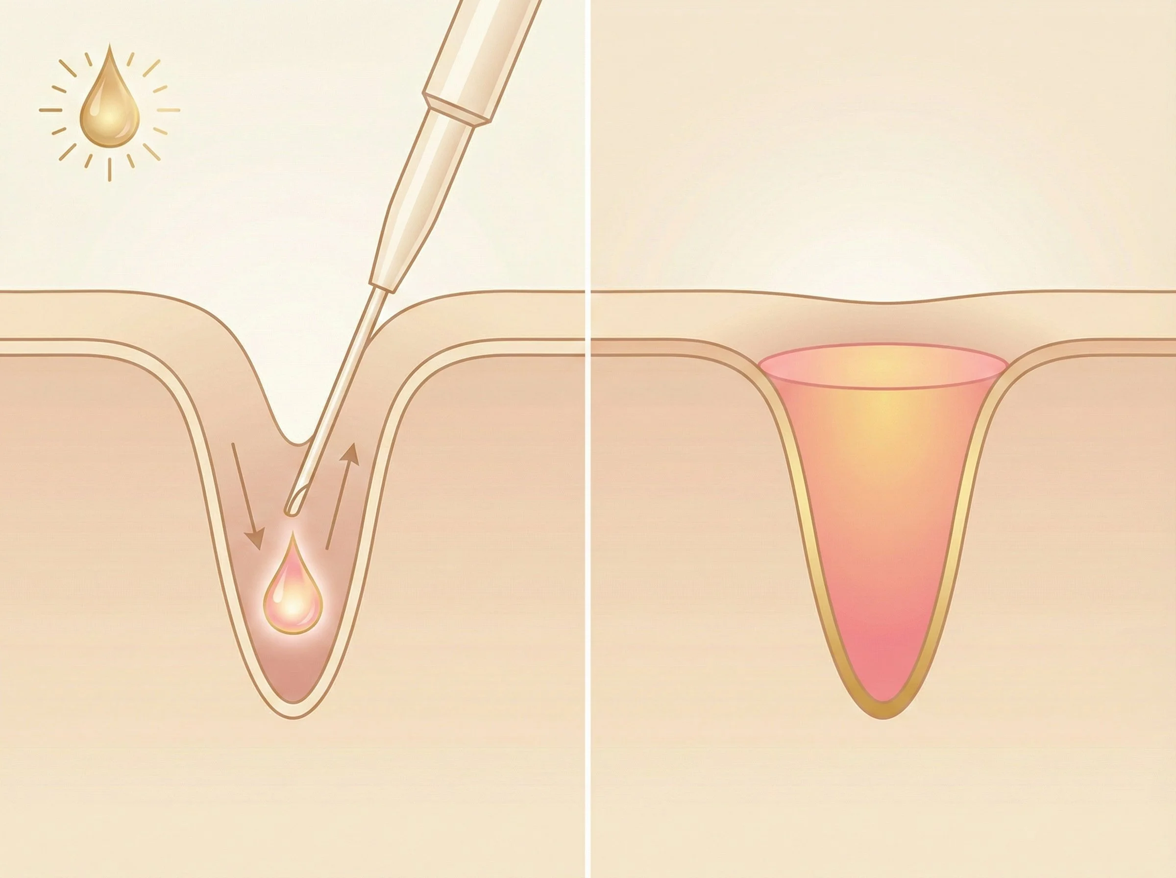 Split view of skin treatment: left side showing a needle injecting substance into a skin pore, with a droplet of liquid above; right side shows a smooth, healed pore with pinkish skin.