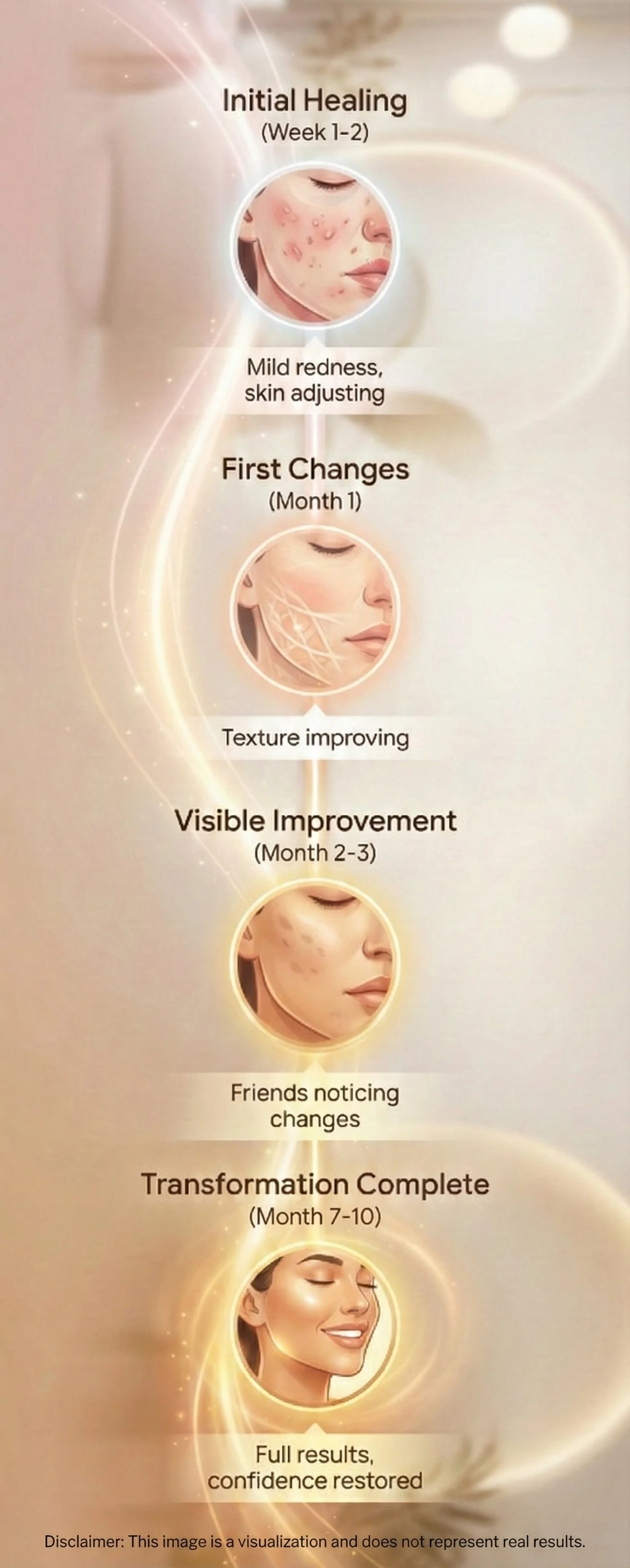 Timeline of skin healing and improvement stages, showing initial redness and skin adjusting, first changes with improved texture, visible improvements noticed by friends, and full transformation with restored confidence over several months.