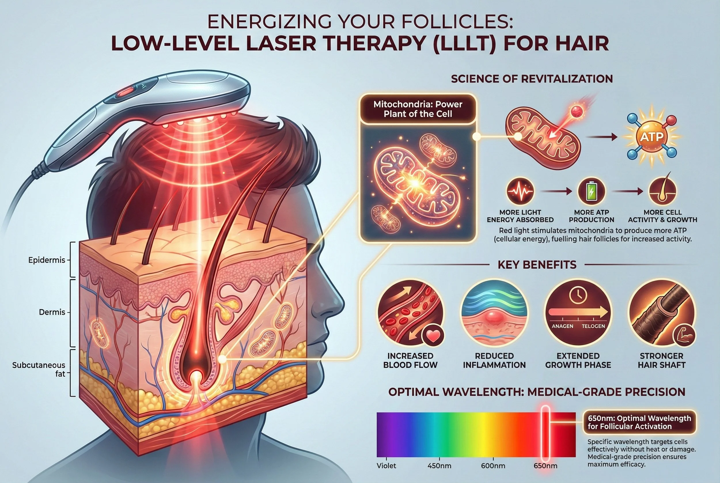 Infographic on energizing hair follicles with low-level laser therapy (LLLT). Shows a diagram of a person’s head with laser device emitting red light onto hair follicles. Highlights mitochondria as the cell’s power plant, with symbols for increased ATP production, blood flow, reduced inflammation, longer growth phase, and stronger hair shaft. Color bar indicates optimal wavelength at 650nm for folicular activation.